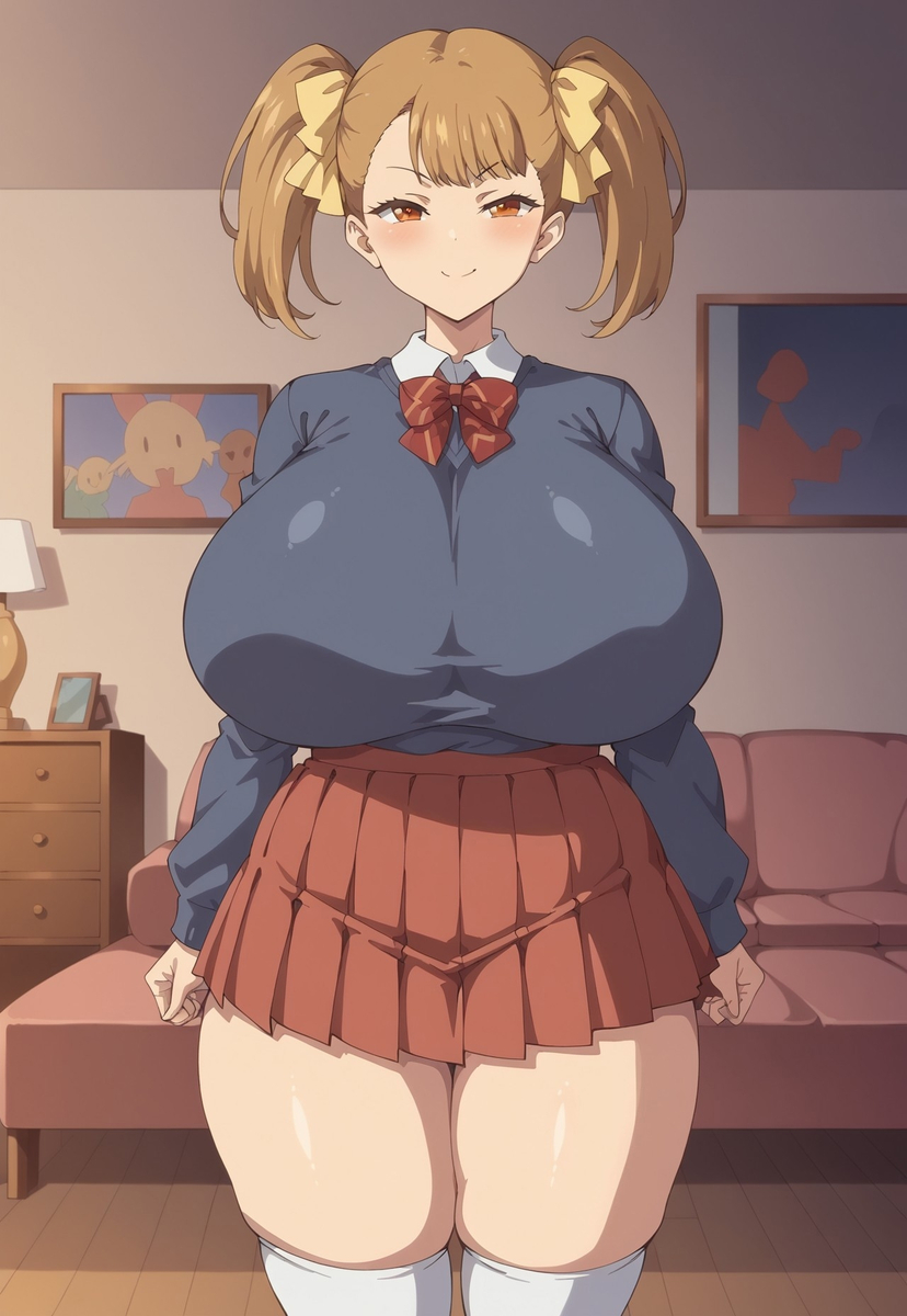 1girls ai_generated big_breasts big_thighs blush breasts busty clothed clothed_female clothing curvy female female_only giant_breasts gigantic_breasts haha_musume_donburi_oppai_tokumori_bonyuu_shiru_dakude huge_breasts huge_thighs large_breasts large_thighs massive_breasts milkersenjoyer rumi_(haha_musume_donburi) thick_thighs thighs twintails voluptuous