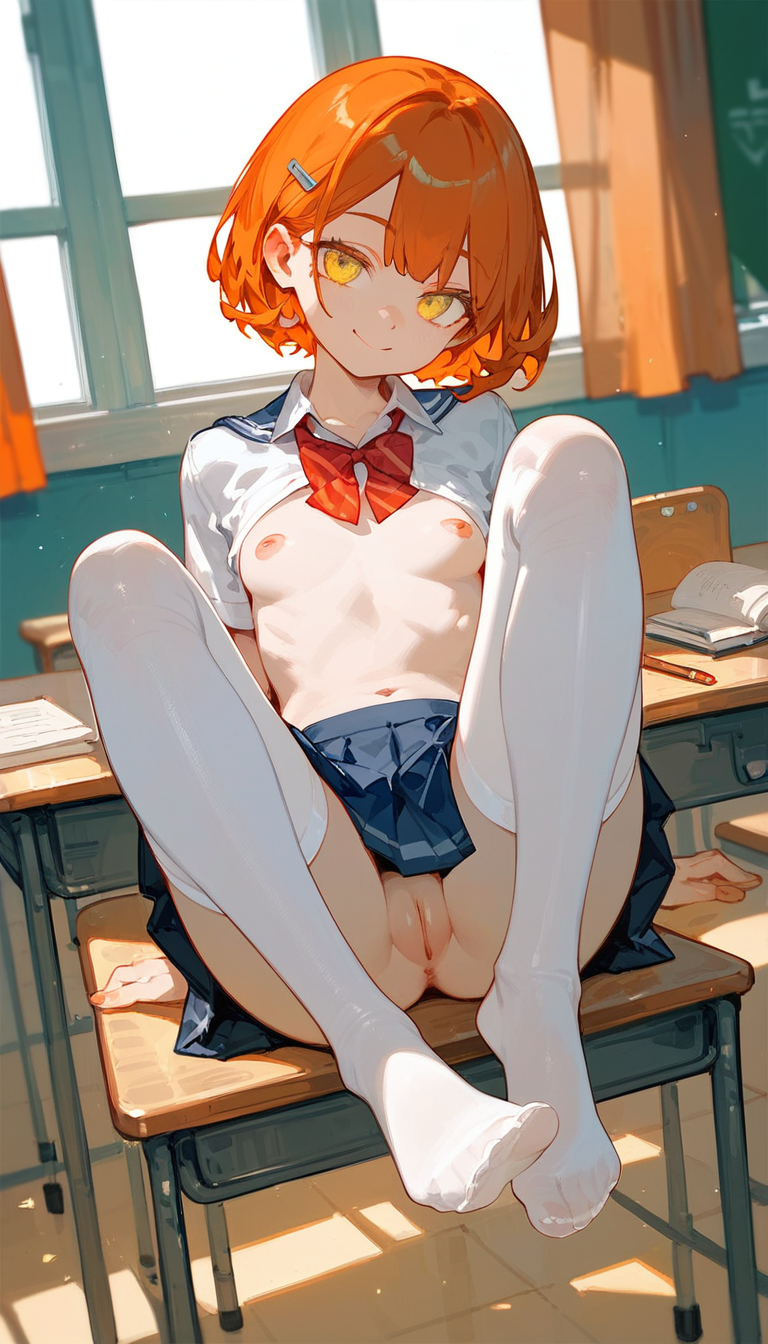 ai_generated classroom feet feet_fetish feet_focus female female_only hard_nipples nipples orange_hair playful pussy school_uniform schoolgirl short_hair small_breasts smaller_female sole_female stockings white_stockings yellow_eyes