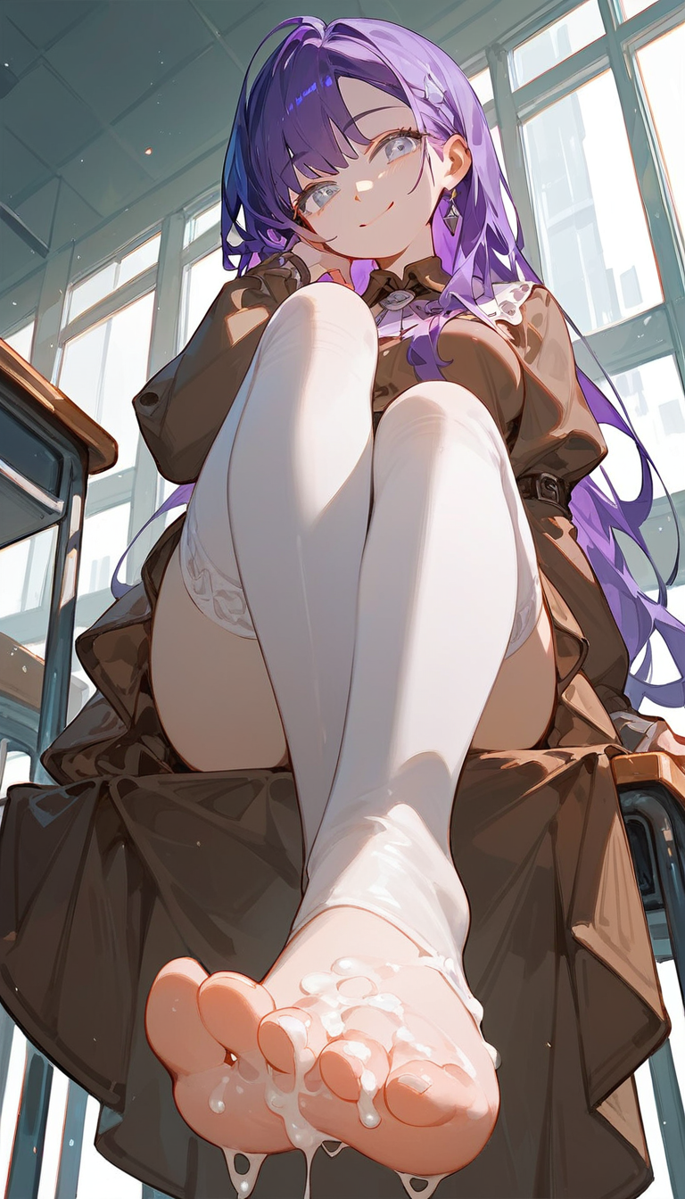 ai_generated brown_dress cum cum_on_feet cum_on_toes feet feet_focus female female_only long_hair purple_hair silver_eyes sole_female toeless_legwear toeless_stockings toes