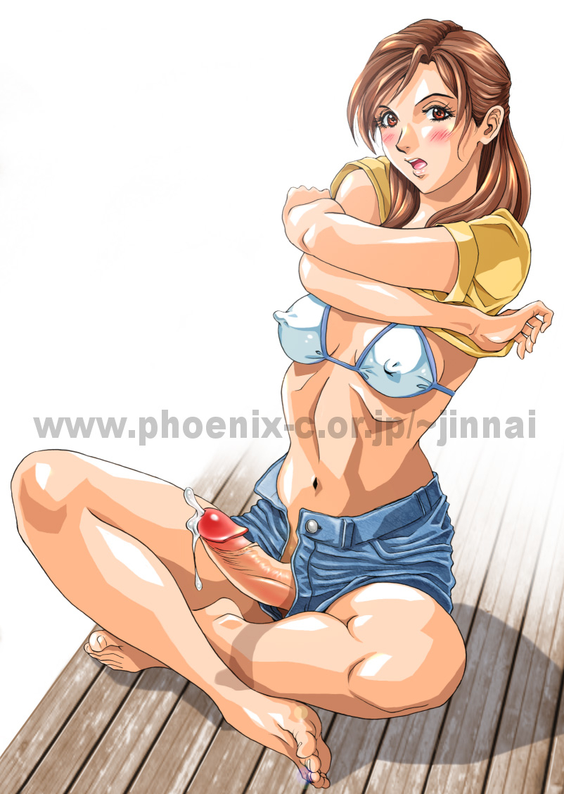 1futa :o arms_crossed blush bra brown_hair changing_clothes clothed clothing cock dick dickgirl dusty_heaven erect_nipples_under_clothes erect_penis erection futa_only futanari human jean_shorts large_penis legs_crossed light-skinned_futanari light_skin looking_at_viewer medium_breasts mostly_nude penis precum red_eyes sitting solo solo_futanari stomach t-shirt uncensored watermark