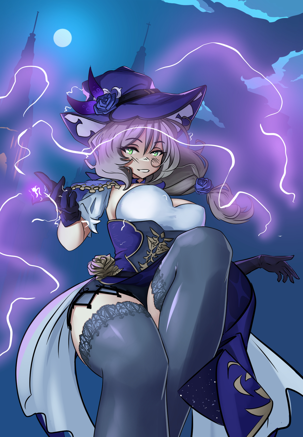 1girls, 2020, female, genshin impact, green eyes, iwillsunder, lisa (genshin impact), solo, solo female, tagme, thick, thick thighs