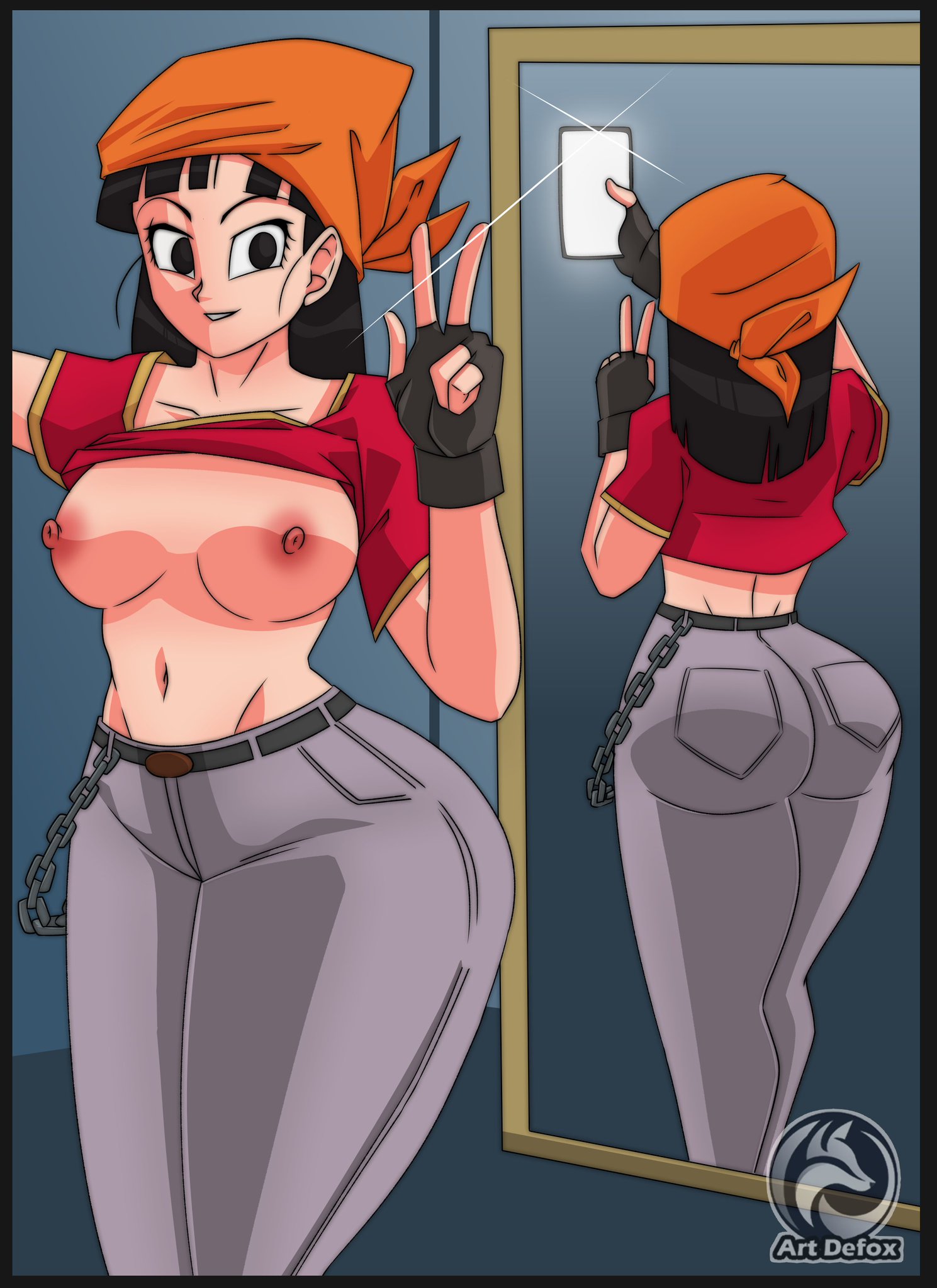 about to burst, aged up, artdefox, ass, ass too big, barely contained, barely contained ass, barely fits, breasts, bubble ass, bubble butt, bursting butt, clothing, denim, denim bottomwear, denim clothing, denim jeans, dragon ball, dragon ball gt, dragon ball super, dragon ball z, female, flashing, flashing breasts, imminent wardrobe malfunction, jeans, mirror, mirror selfie, nice ass, pan (dragon ball), straining clothing, tight clothes, tight clothing, tight fit, tight jeans, tight pants, too tight, undersized clothes, undersized clothing
