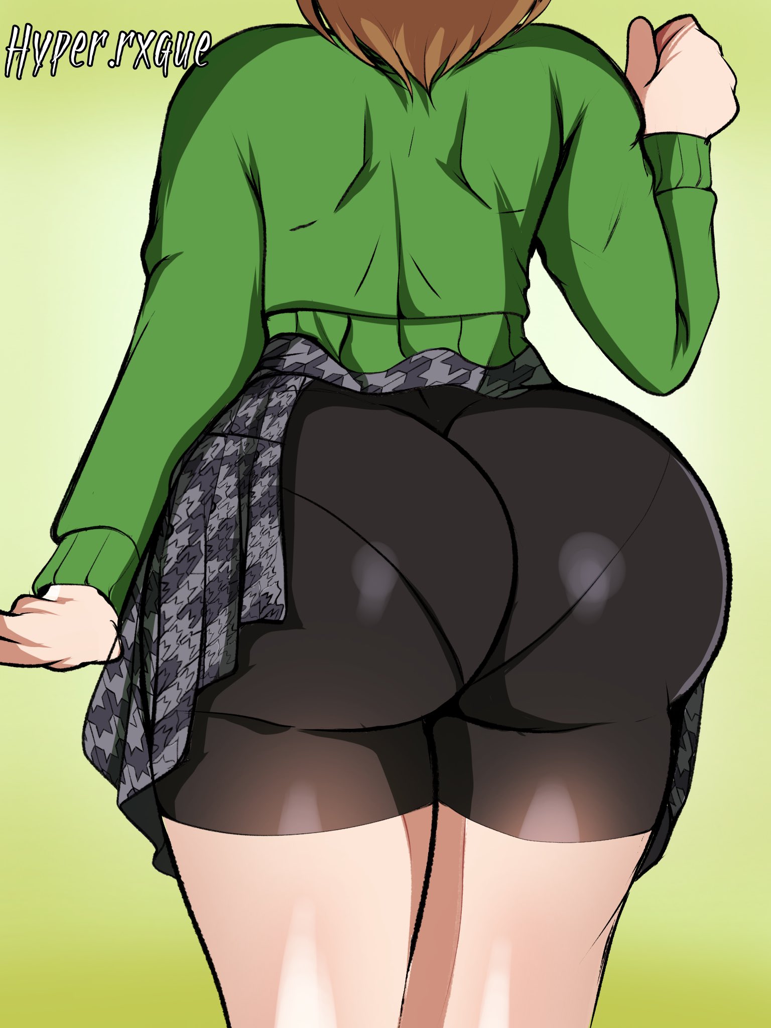 1girls, alternate version available, ass, ass focus, atlus, back, back view, big ass, bike shorts, black shorts, black skirt, bottomwear, bubble ass, bubble butt, clothing, fat ass, female, female only, huge ass, hyperrxgue, pantylines, persona, persona 4, pleated skirt, satonaka chie, shorts, skirt, skirt up, solo, solo female, thighs, topwear