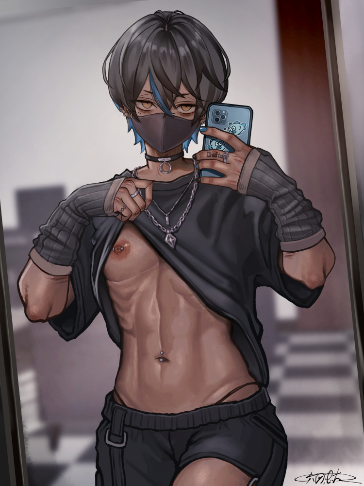 1boy abs chains choker clothes_lift femboy gay looking_at_viewer male_with_painted_nails mask masked masked_male mirror mirror_selfie nail_polish nipple nipple_piercing original original_character pecs pierced_nipples piercing pov pov_eye_contact rokuzu_keita rokuzukeita selfie solo solo_male t-shirt taking_picture tan_body tan_skin