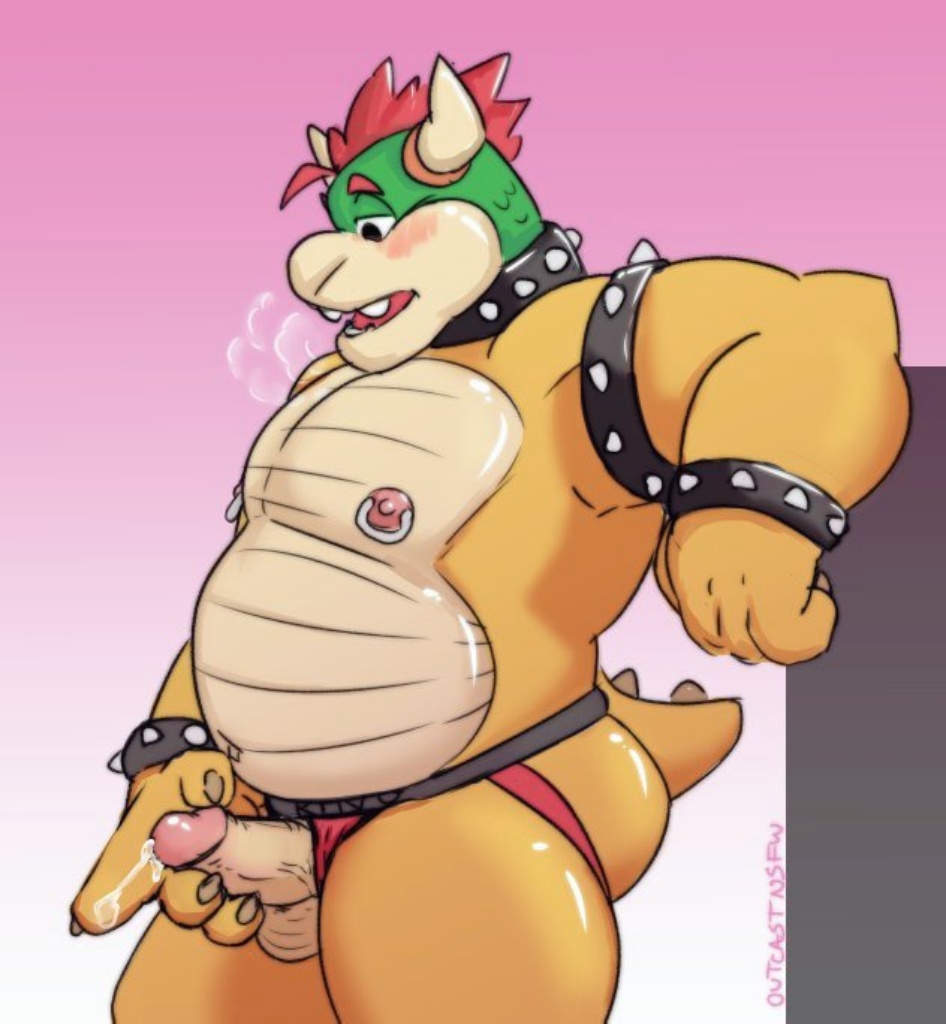 1boy anthro balls bowser collar cum furry jockstrap male male_focus male_only mario_(series) masturbation nintendo nipple_piercing nipples no_humans outcast-stars penis simple_background solo standing testicles