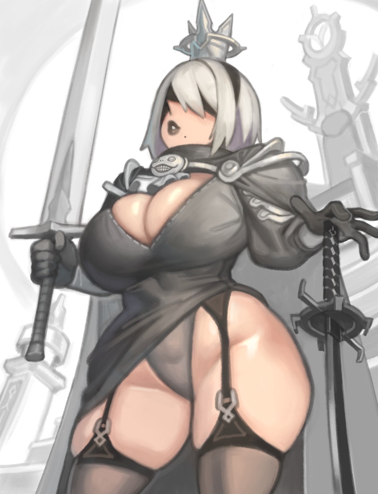 big breasts, black clothing, breasts, crown, female, female only, kelvin hiu, nier: automata, solo, solo female, solo focus, tagme, yorha 2b