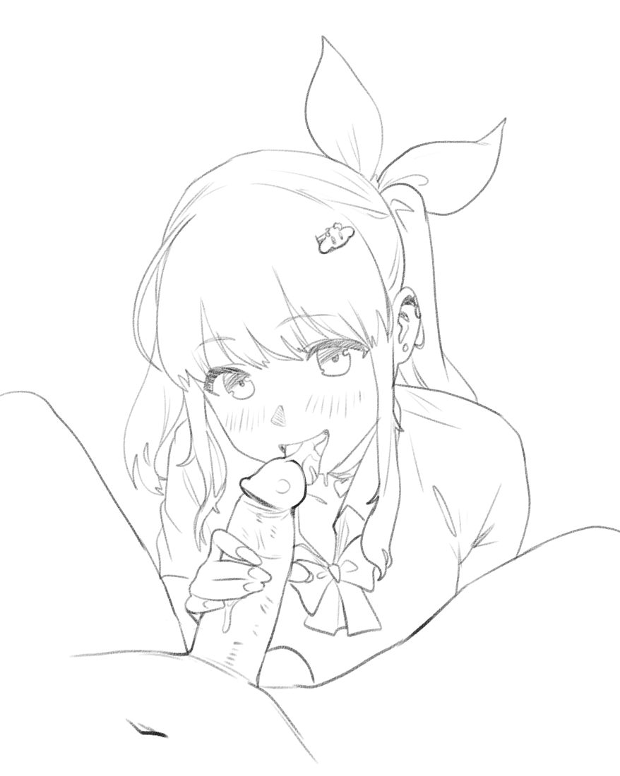 alice_sawyer black_and_white blowjob bow clothed_female_nude_male cum_in_mouth ear_piercing eyebrows_visible_through_hair hair_clip hair_ornament hairbow indie_virtual_youtuber looking_at_viewer no_color sketch thernz virtual_youtuber vtuber