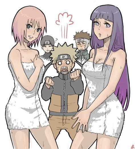 2girls 3boys blue_hair breasts clothing female fully_clothed green_eyes hyuuga_hinata looking_at_viewer male naruto naruto_shippuden pink_hair purple_eyes sai sakura_haruno towel towel_around_waist uzumaki_naruto wet wet_hair yamato_(naruto)