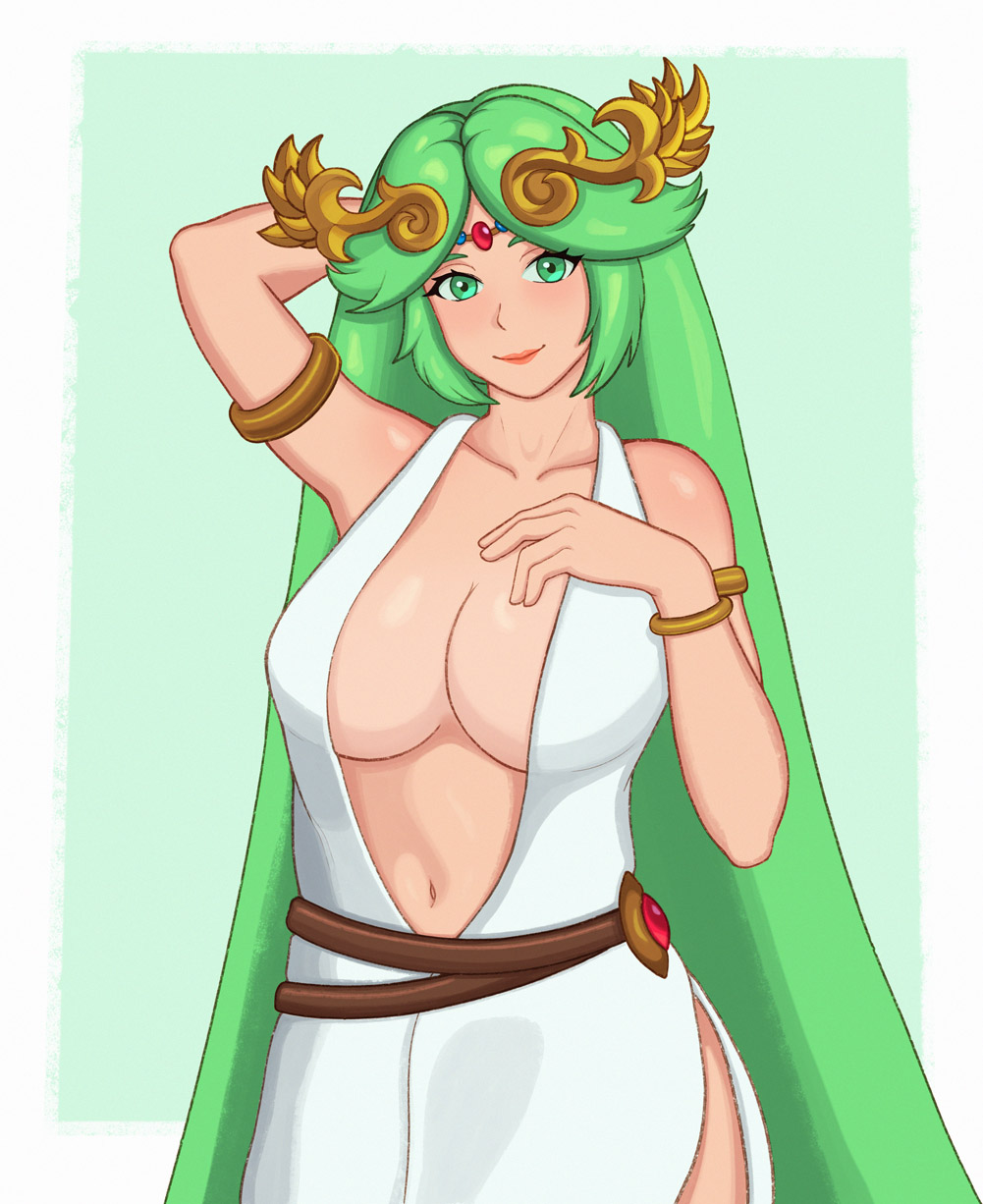 1girls 2024 big_breasts dress female female_only green_eyes green_hair hand_behind_head inner_sideboob kid_icarus kid_icarus_uprising long_hair looking_at_viewer nintendo ozimand palutena smiling smiling_at_viewer solo very_long_hair