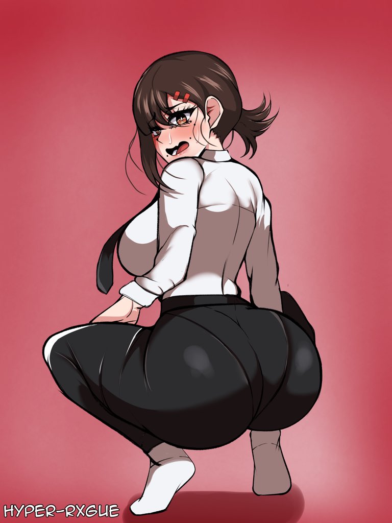 1girls, ass, big ass, black hair, black pants, bottomwear, breasts, brown eyes, bubble ass, bubble butt, chainsaw man, female, female only, full body, higashiyama kobeni, huge ass, hyperrxgue, looking back, mole, mole under eye, mole under mouth, necktie, pants, pantylines, shirt, solo, solo female, squatting, topwear, white shirt