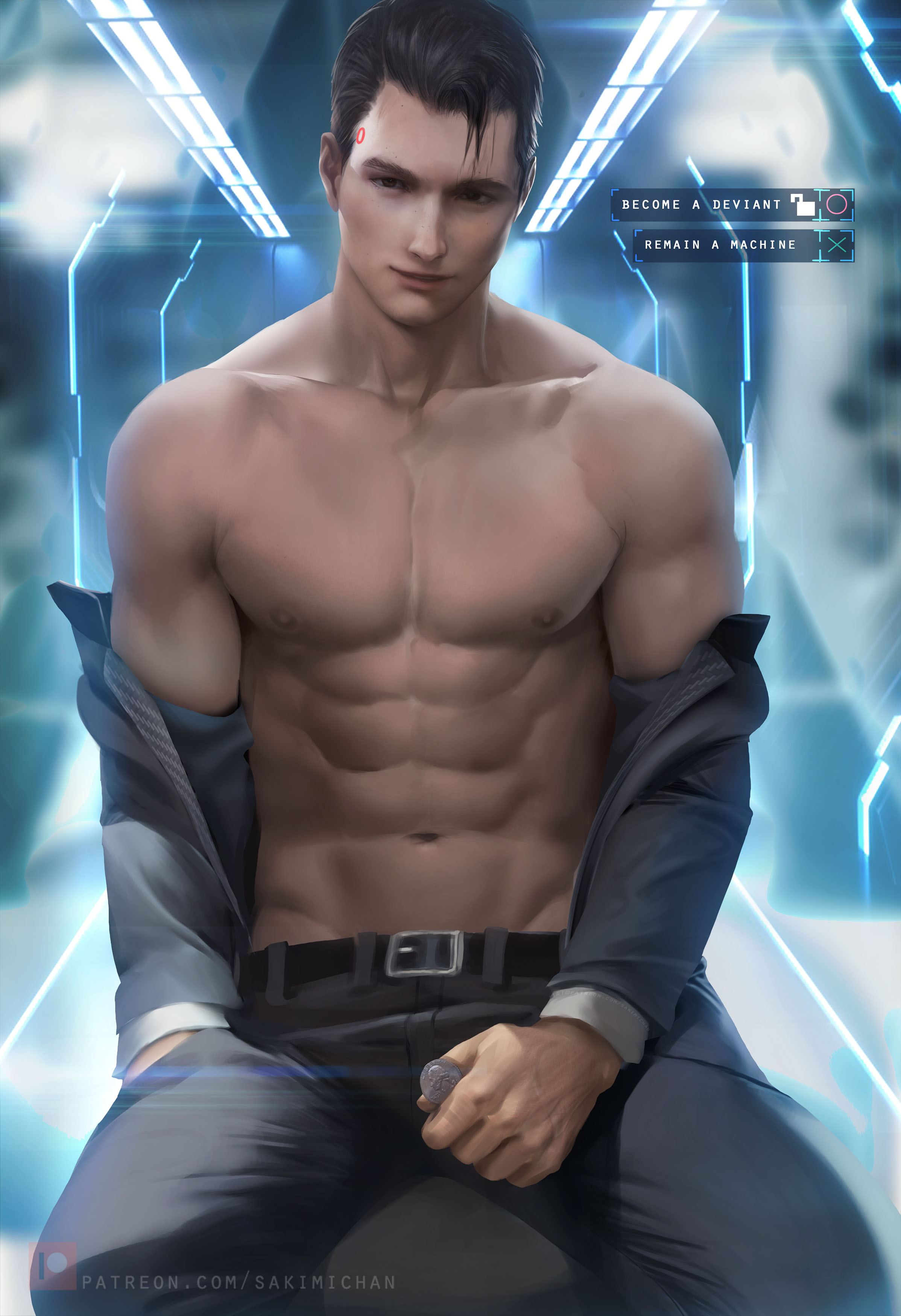 connor (detroit: become human), detroit: become human, male, male focus, male only, sakimichan, shirtless