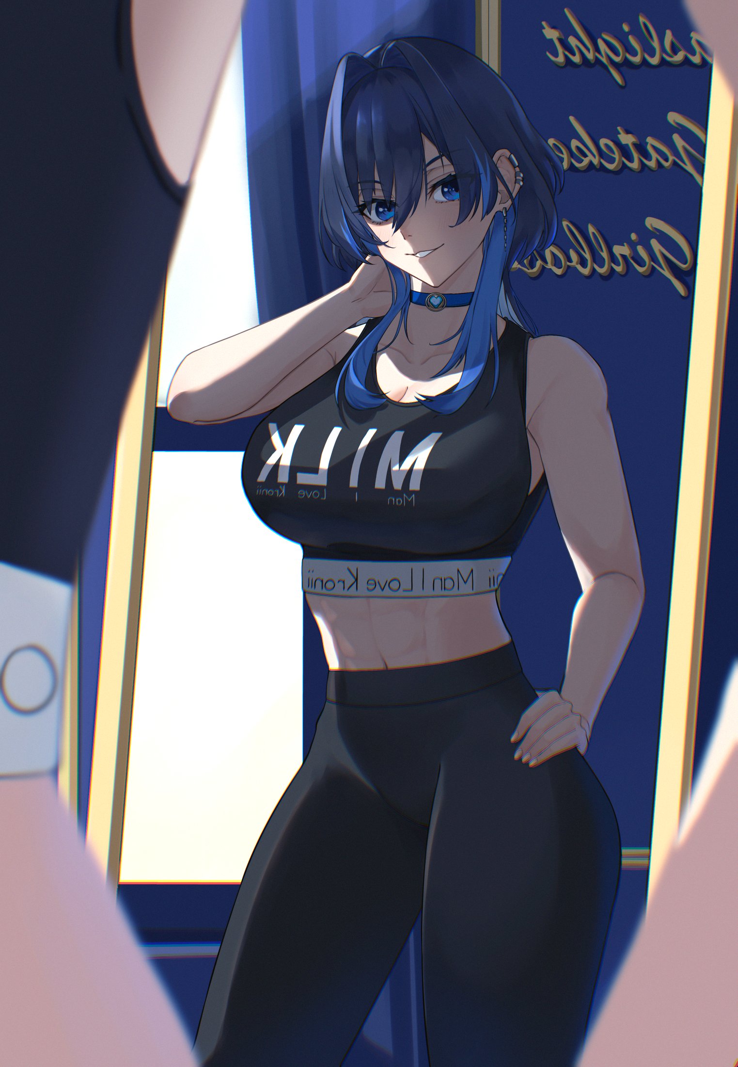 1girls, abs, athletic, athletic female, big breasts, blue eyes, blue hair, breasts, clothed, clothed female, collar, female, female focus, female only, hand on hip, hololive, hololive english, hololive english -council-, hololive english -promise-, light skin, light-skinned female, ouro kronii, pangu (elpanguin0), solo, sportswear, toned, toned female, virtual youtuber