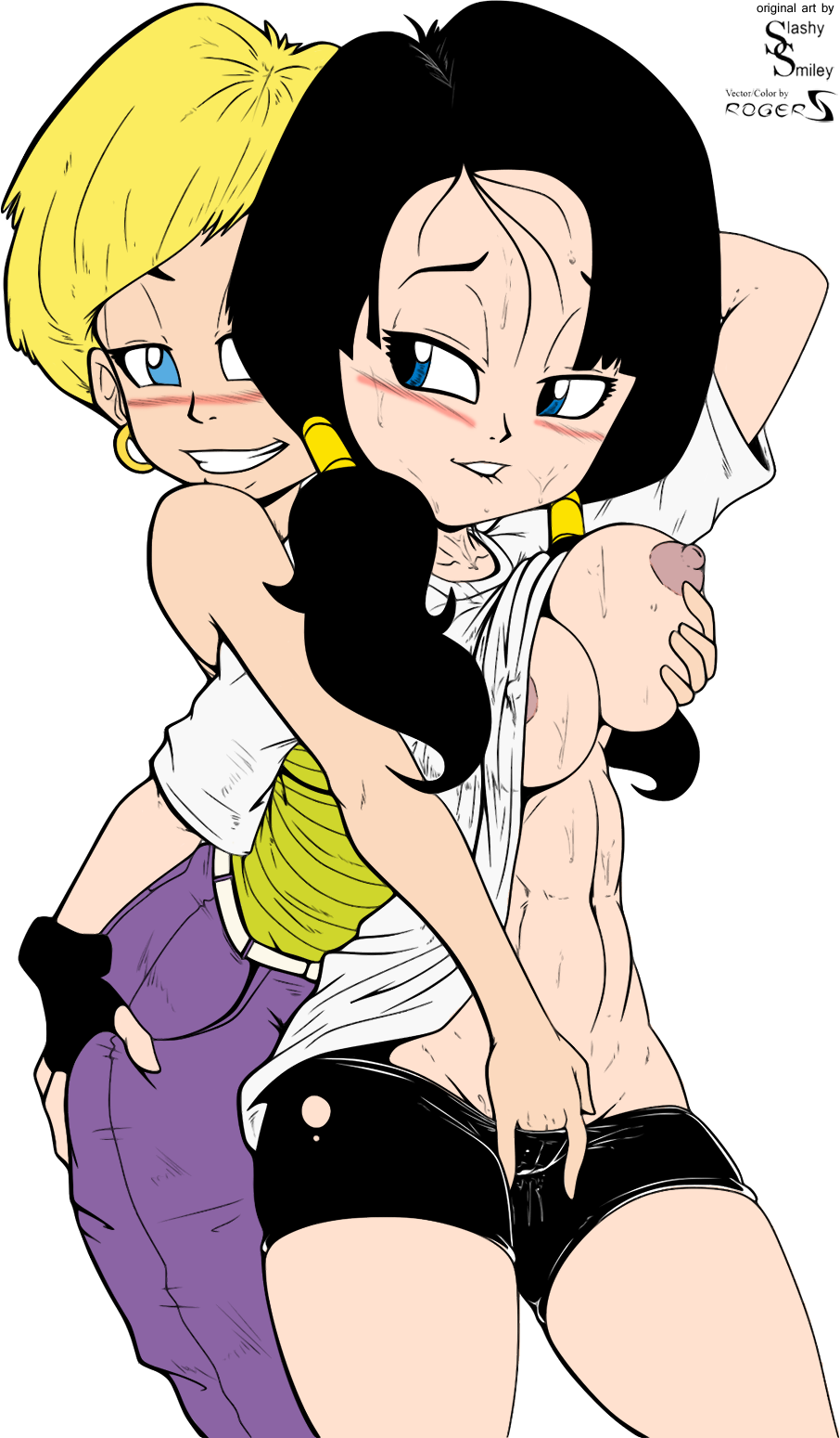 2girls areola ass_grab bike_shorts blush breast_grab breasts busty cameltoe cleavage dragon_ball dragon_ball_z erasa erect_nipples female female_only fingering hoop_earrings hourglass_figure huge_breasts multiple_girls nipples rogers shounen_jump slashysmiley teenager twintails videl voluptuous yuri