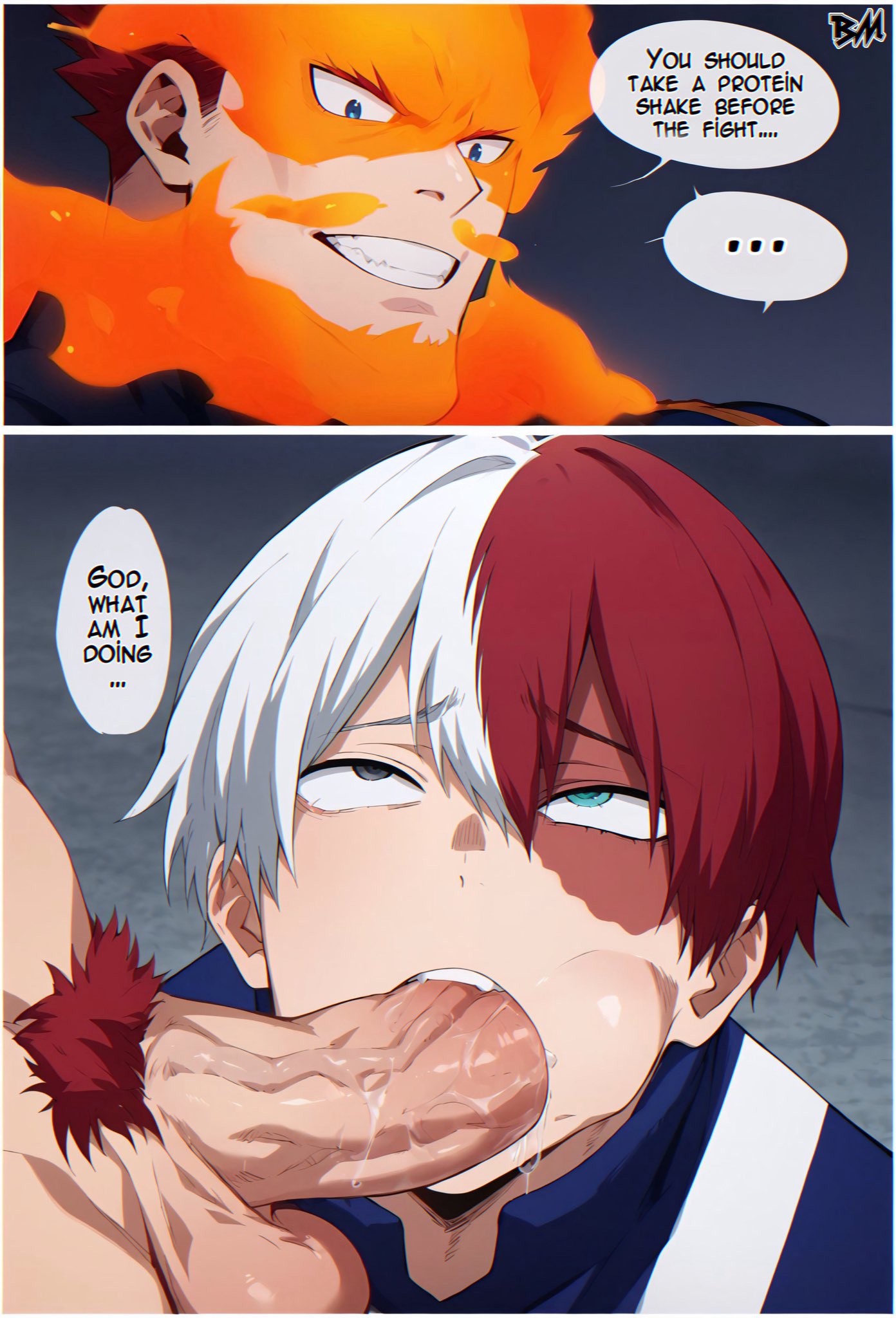 ai_generated big_ass_looover big_penis blowjob dilf endeavor_(my_hero_academia) english_text enji_todoroki father_and_son fellatio gay gay_blowjob gay_domination gay_incest giving_head incest male male_only my_hero_academia older_dom_younger_sub older_man_and_younger_boy oral shouto_todoroki sucking_penis tagme todoroki_shouto yaoi