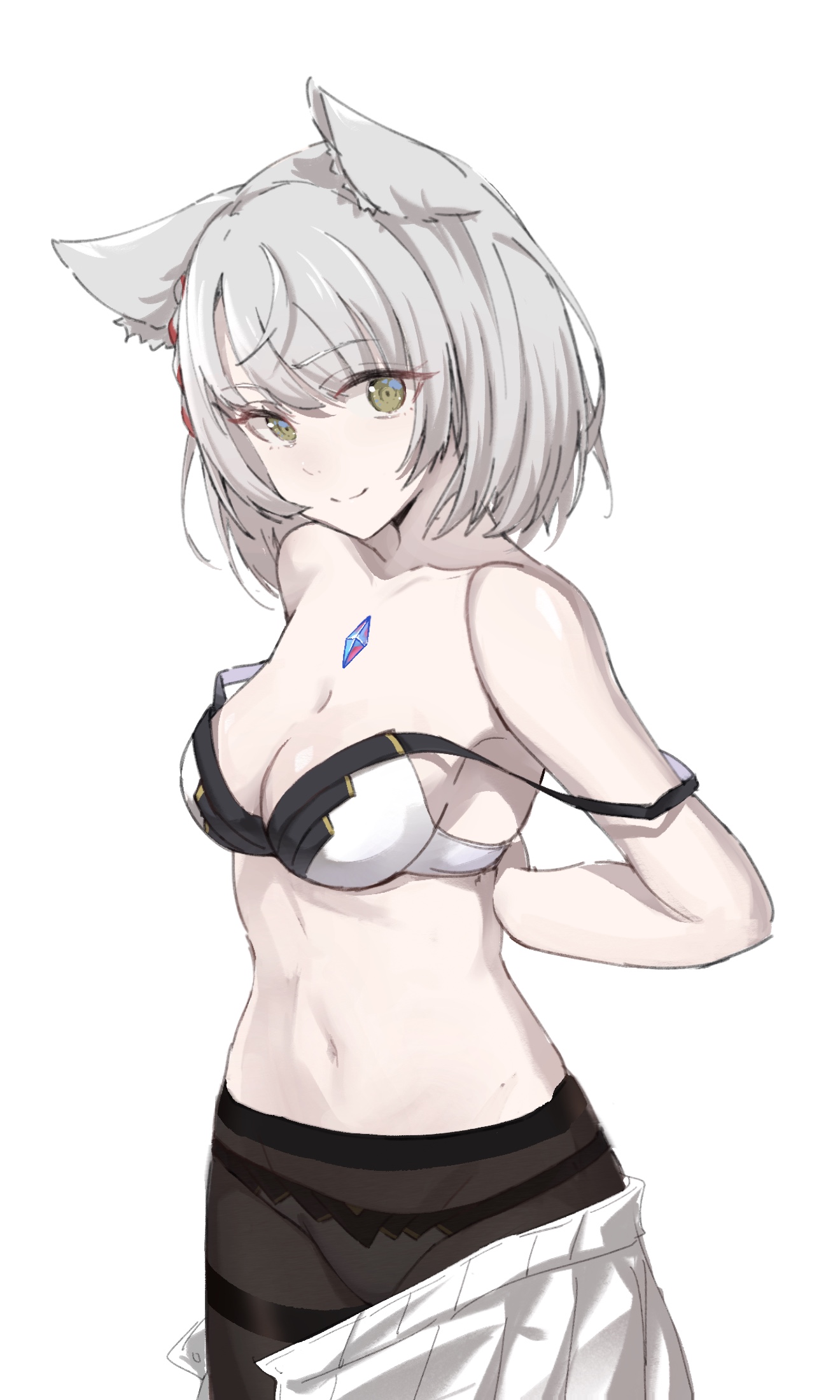 bare shoulders, black bra, black legwear, breasts, cat ears, cat girl, catgirl, cleavage, core crystal, female, highres, legwear, looking at viewer, medium breasts, midriff, mio (xenoblade), navel, necobug, panties, removing bra, removing clothing, short hair, skirt, skirt down, undressing, white hair, white panties, white skirt, xenoblade (series), xenoblade chronicles 3, yellow eyes