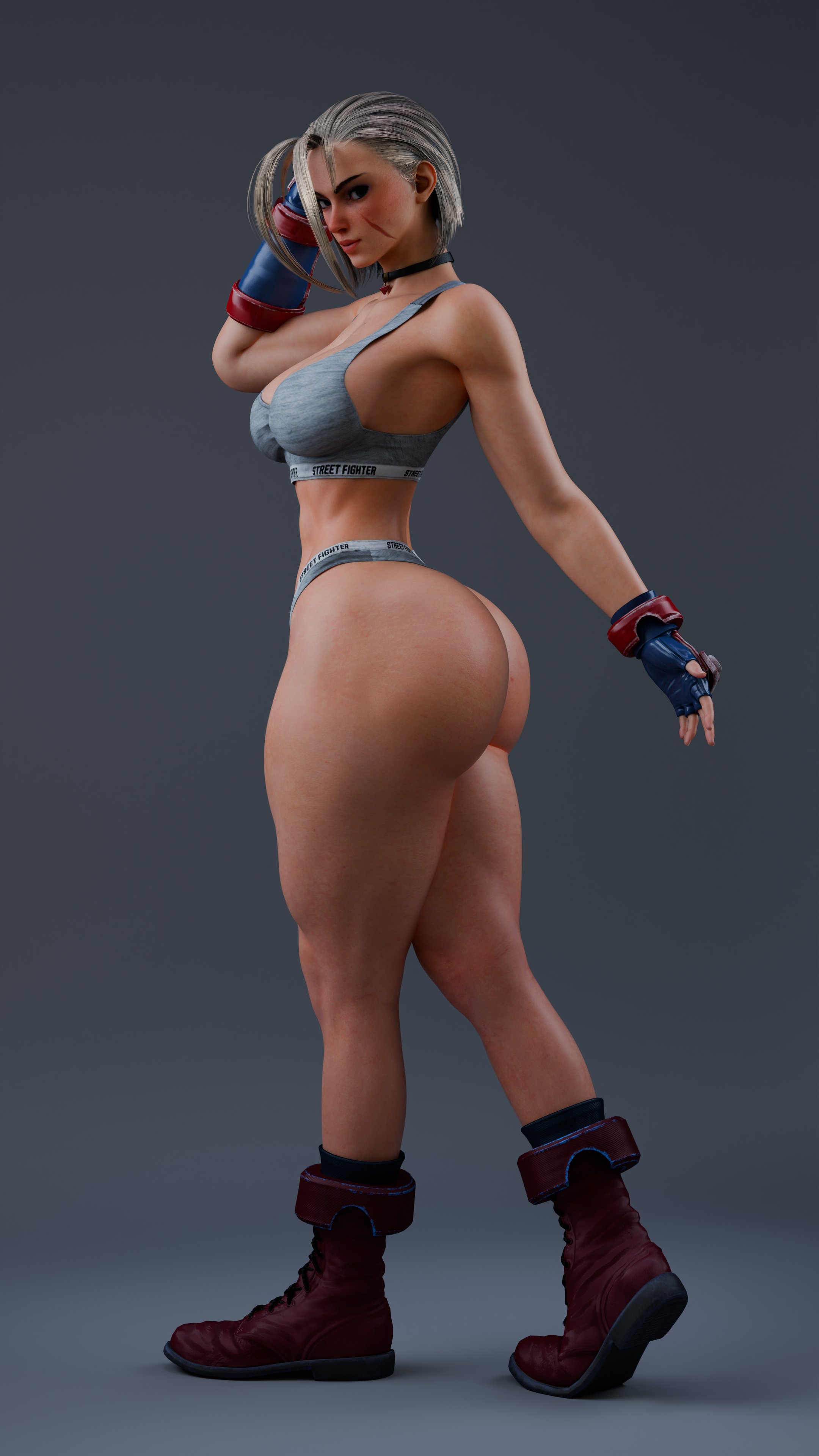 1girls, 3d, 3d (artwork), armwear, ass, big ass, big hips, big thighs, bra, bubble ass, bubble butt, calvin klein, cammy white, cpt-flapjack, female, female only, high resolution, large ass, lieutenant flapjack, looking at viewer, looking back, neckwear, no pants, panties, pantsless, rear view, short hair, simple background, solo, solo female, sports bra, sports panties, standing, street fighter, street fighter 6, thick thighs, thighs, thong, very high resolution