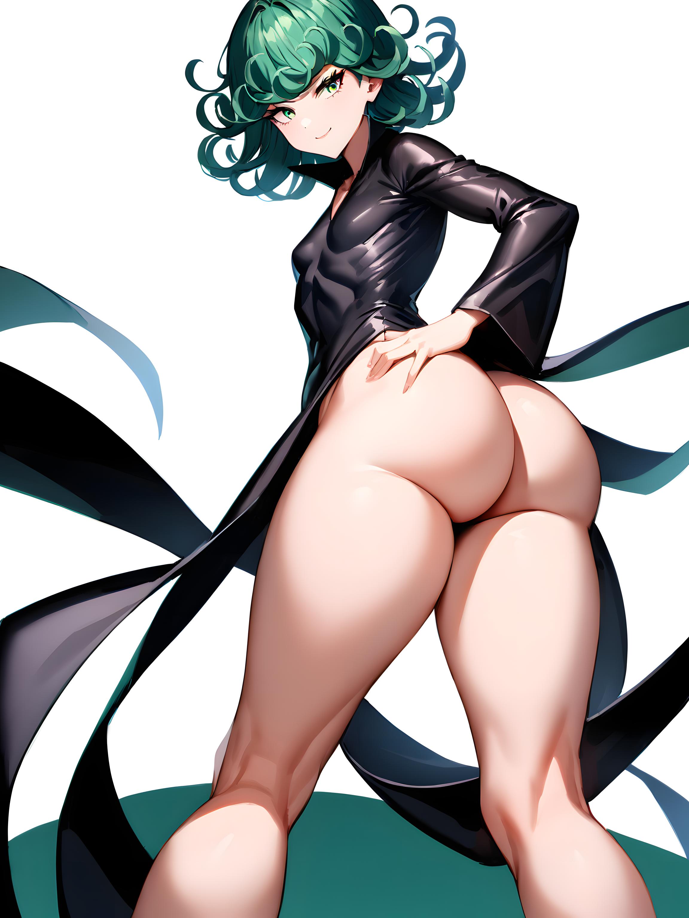 1girls, ai generated, ass, ass grab, big ass, big butt, black clothing, black dress, breasts, clothed, clothing, curly hair, eyelashes, female, female focus, female only, fit, fit female, grabbing, green eyes, green hair, hand on ass, hand on butt, hips, huge ass, huge butt, legs, light skin, light-skinned female, long sleeves, looking at viewer, looking back, no panties, one-punch man, pale skin, pale-skinned female, revealing clothes, seductive, short hair, small breasts, smile, solo, solo female, standing, tatsumaki, thick ass, thighs, tight clothing, white background, white skin, wide hips