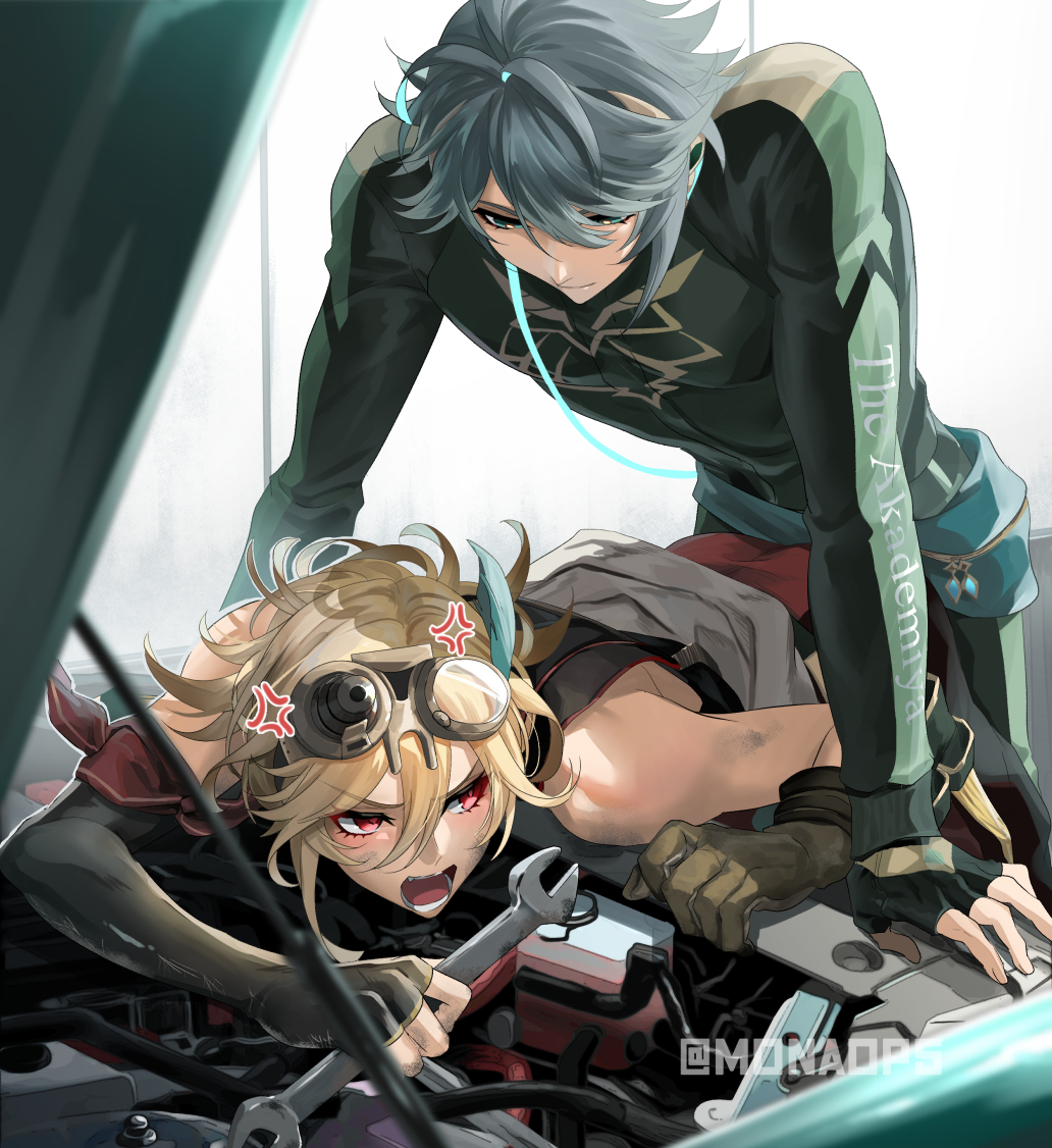 2boys alhaitham_(genshin_impact) ass bending_over bent_over blonde_hair blush car car_sex gay genshin_impact goggles goggles_on_head green_eyes grey_hair grinding grinding_on_penis hair_over_one_eye kaveh_(genshin_impact) male/male mechanic monaop5 multicolored_hair racer red_eyes twink yaoi