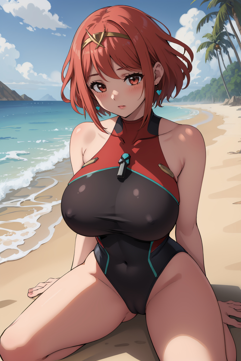 1girls, ai generated, aindroidparanoid, beach, breasts, core crystal, covered nipples, female, female only, huge breasts, pyra, pyra (xenoblade), red eyes, red hair, sand, short hair, sitting, stable diffusion, swimsuit, xenoblade (series), xenoblade chronicles 2, xenoblade chronicles 3
