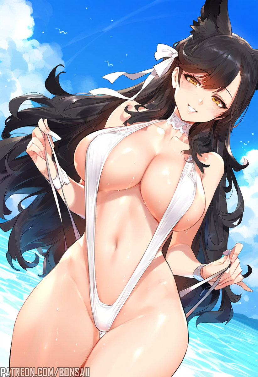 1girls ai_generated atago_(azur_lane) azur_lane bare_arms bare_legs bare_shoulders bare_thighs big_breasts black_hair blush bons_ai clothed clothing color female female_focus female_only hi_res large_breasts light-skinned_female light_skin long_hair looking_at_viewer solo solo_female swimsuit tagme thick_thighs wolf_ears wolf_girl yellow_eyes