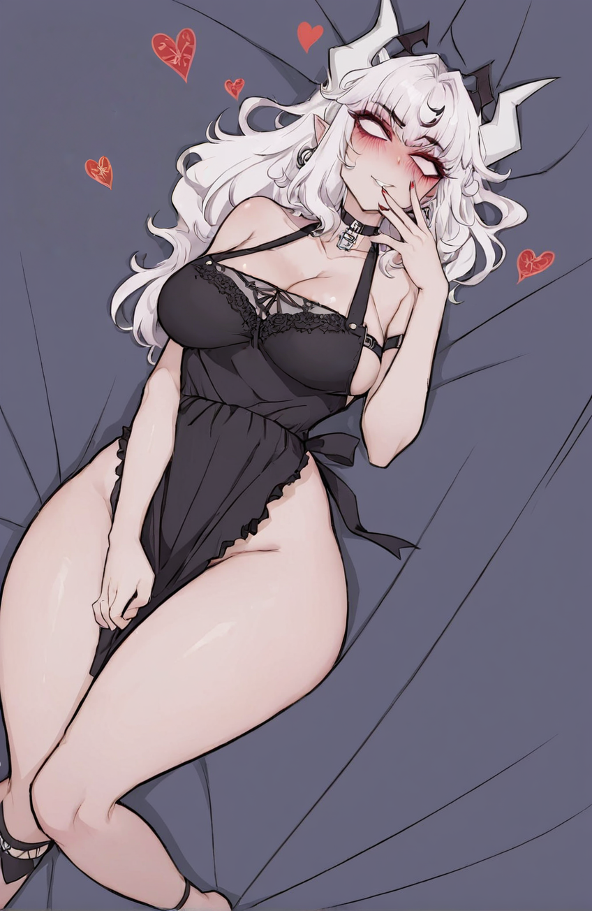 1girls ai_generated black_lingerie blank_eyes blush breasts chilldarksona choker cleavage demon earrings fangs female hair heart hearts helltaker horns jewelry looking_at_viewer lucifer_(helltaker) lying naked pointy_ears red smile solo solo_female textless thick_thighs white_hair