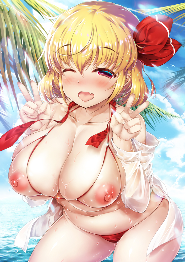 bikini blonde_hair blush breasts female goriyaku large_breasts looking_at_viewer navel nipples oerba_yun_fang one_eye_closed open_mouth plump red_eyes ribbon rumia short_hair smile solo swimsuit touhou water