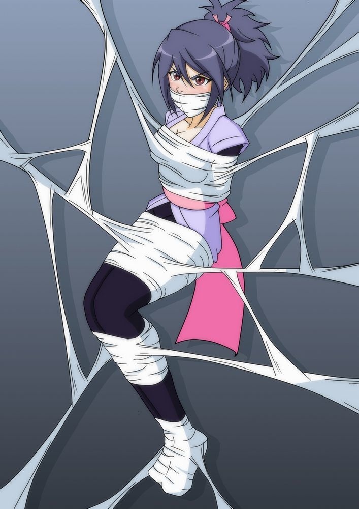 1girls angry bondage brown_eyes cleavage clothed clothes cocoon female fully_clothed gag gagged harusame immobile kimono ponytail restrained ribbon scrunchie sheena_fujibayashi simple_background solo spider_web tales_of_(series) tales_of_symphonia tied_up violet_hair web web_bondage web_gag webbing wrapped