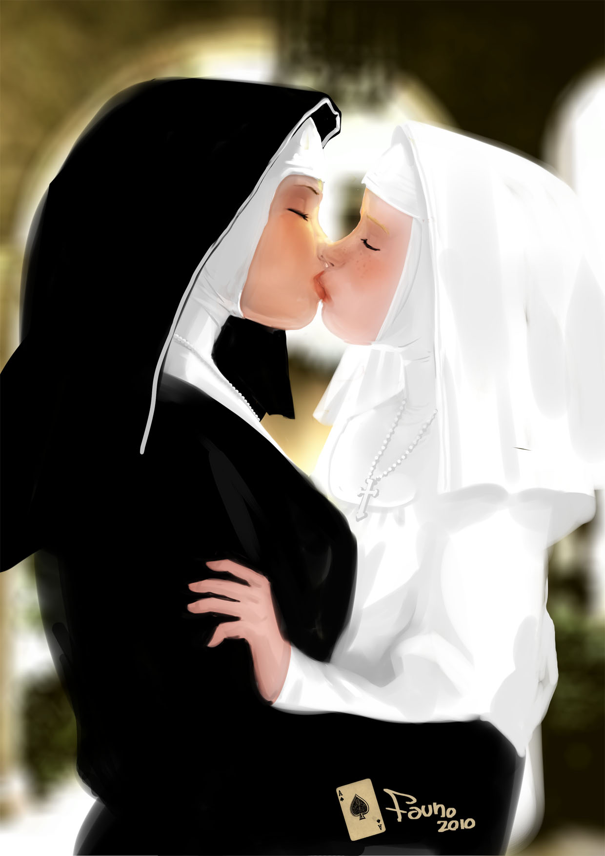 2girls, adorable, big breasts, black clothing, black dress, blonde hair, breasts, brunette, christianity, closed eyes, cross, cross necklace, cute, eyes closed, fauno artifex, female, female focus, female only, freckles, hug, kissing, lesbian, lesbian kiss, light skin, light-skinned female, lips, multiple females, multiple girls, necklace, nun, nun's habit, passionate, passionate kiss, religion, white clothing, white dress, wholesome, yuri
