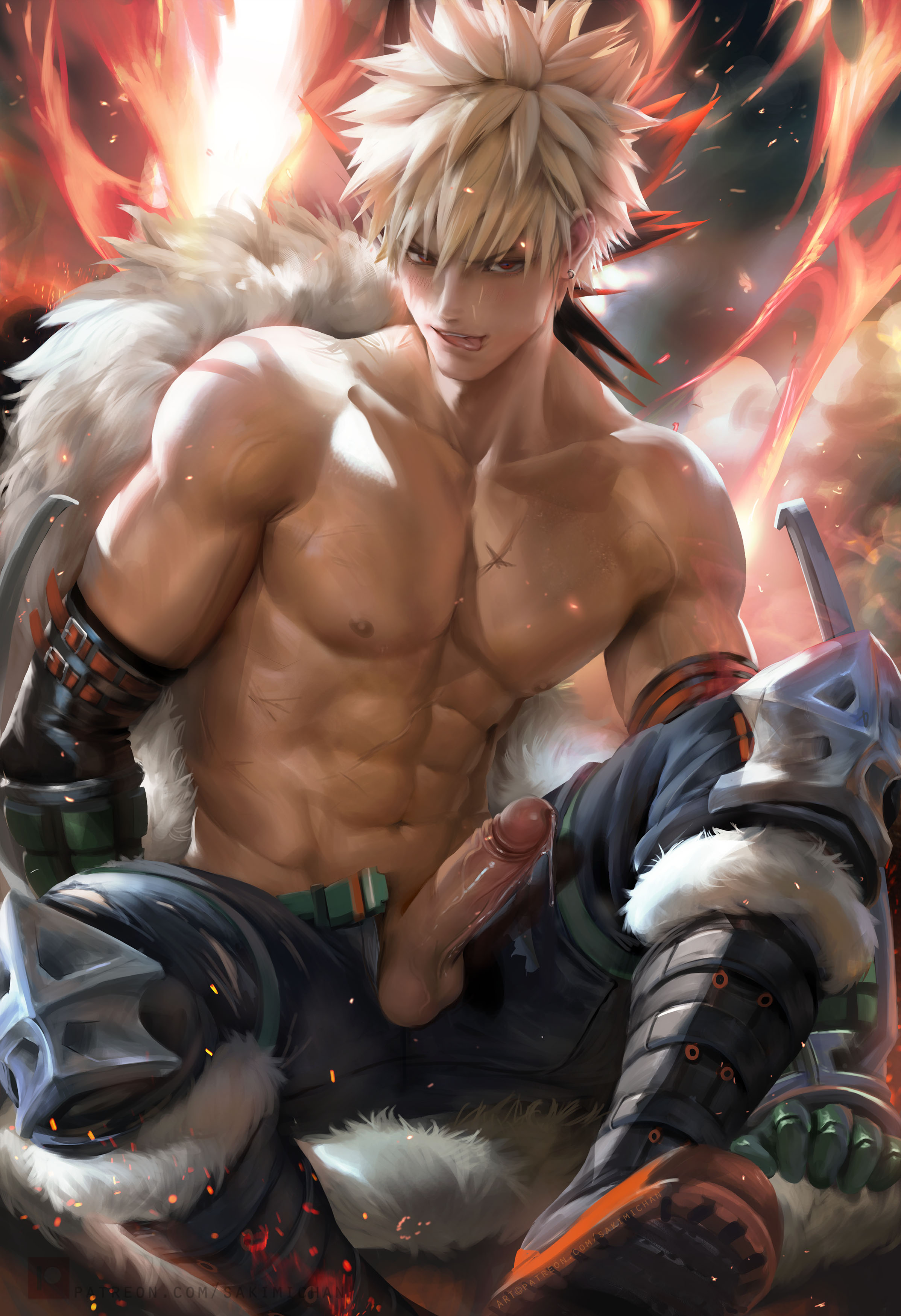 1boy, abs, balls, bedroom eyes, blonde hair, dynamight, erection, gloves, katsuki bakugou, looking at viewer, male, male nipples, male only, my hero academia, nipples, nude, orange eyes, penis, precum, sakimichan, shirtless, solo, testicles, tongue, tongue out, unzipped