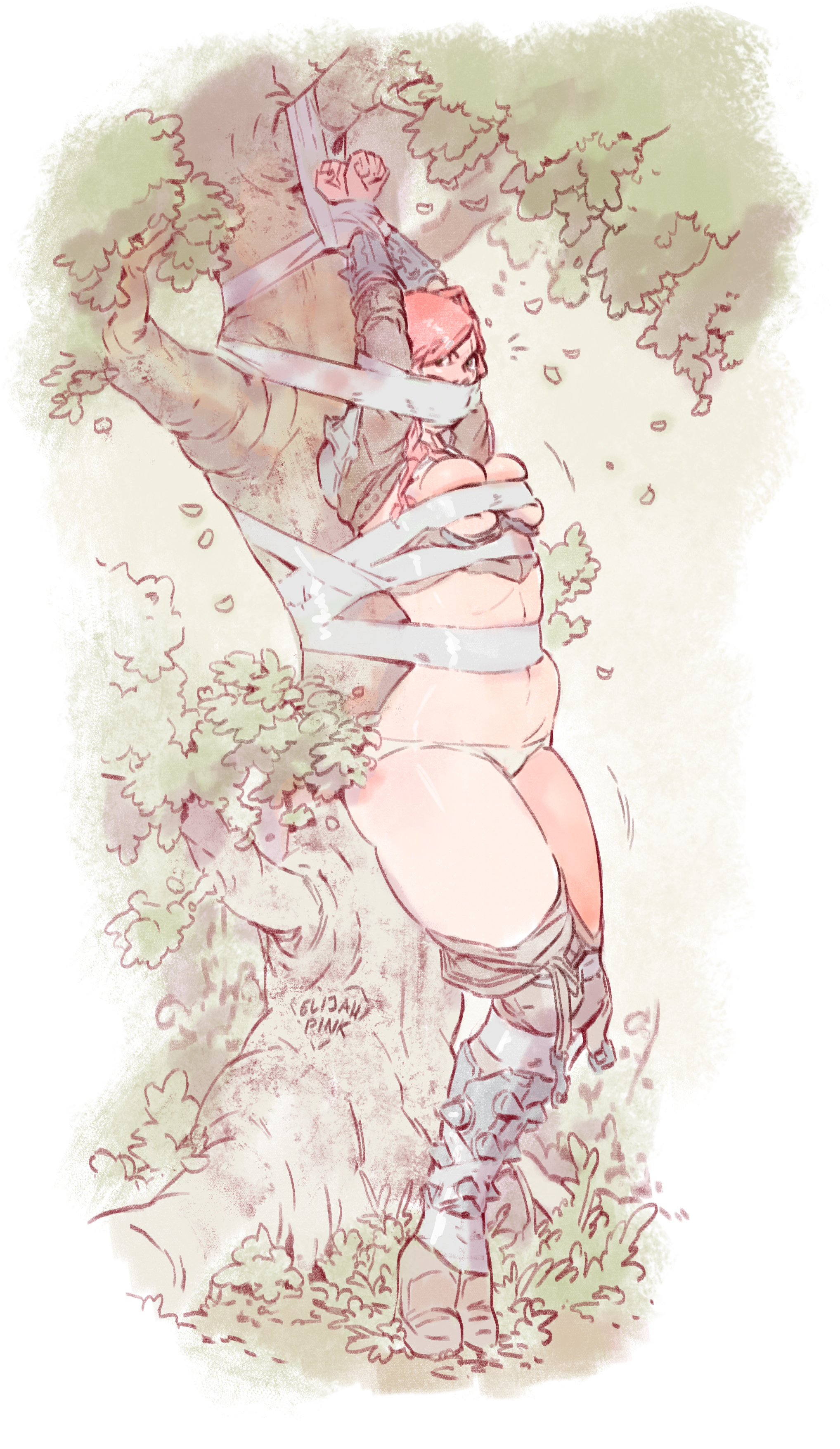 1girls, arms above head, bondage, bound ankles, bound to tree, bound torso, bound wrists, breasts, breasts out, covered nipples, elijah pink, female, female only, gag, gagged, katarina du couteau, league of legends, panties, red hair, riot games, scarf, solo, tape, tape bondage, tape gag, taped ankles, taped mouth, taped wrists, tree, underwear