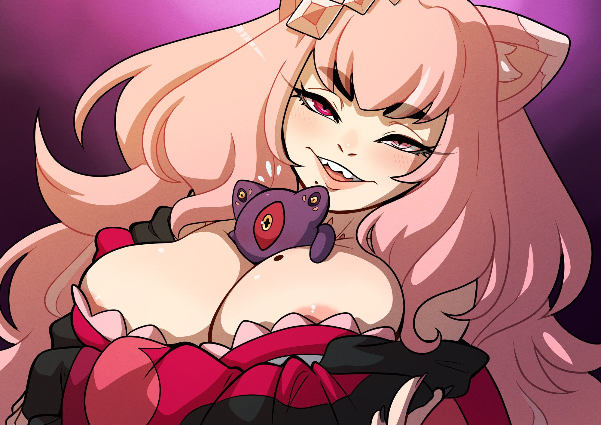 1girls, alien, alien girl, animal ear fluff, animal ears, areola slip, artist self-insert, between breasts, black eyebrows, blush, breasts, cat ears, cleavage, creature, eyebrows visible through hair, female, female only, half-closed eyes, heterochromia, hi res, highres, indie virtual youtuber, kinkymation, large breasts, lilyggoth (kinkymation), lilyggoth (nekomorph), long hair, looking at viewer, mole, mole on breast, mole under mouth, narrowed eyes, open mouth, original, original character, pink eyes, pink hair, red eyes, smile, smiling at viewer, solo, teeth, thick eyebrows, upper teeth, virtual youtuber