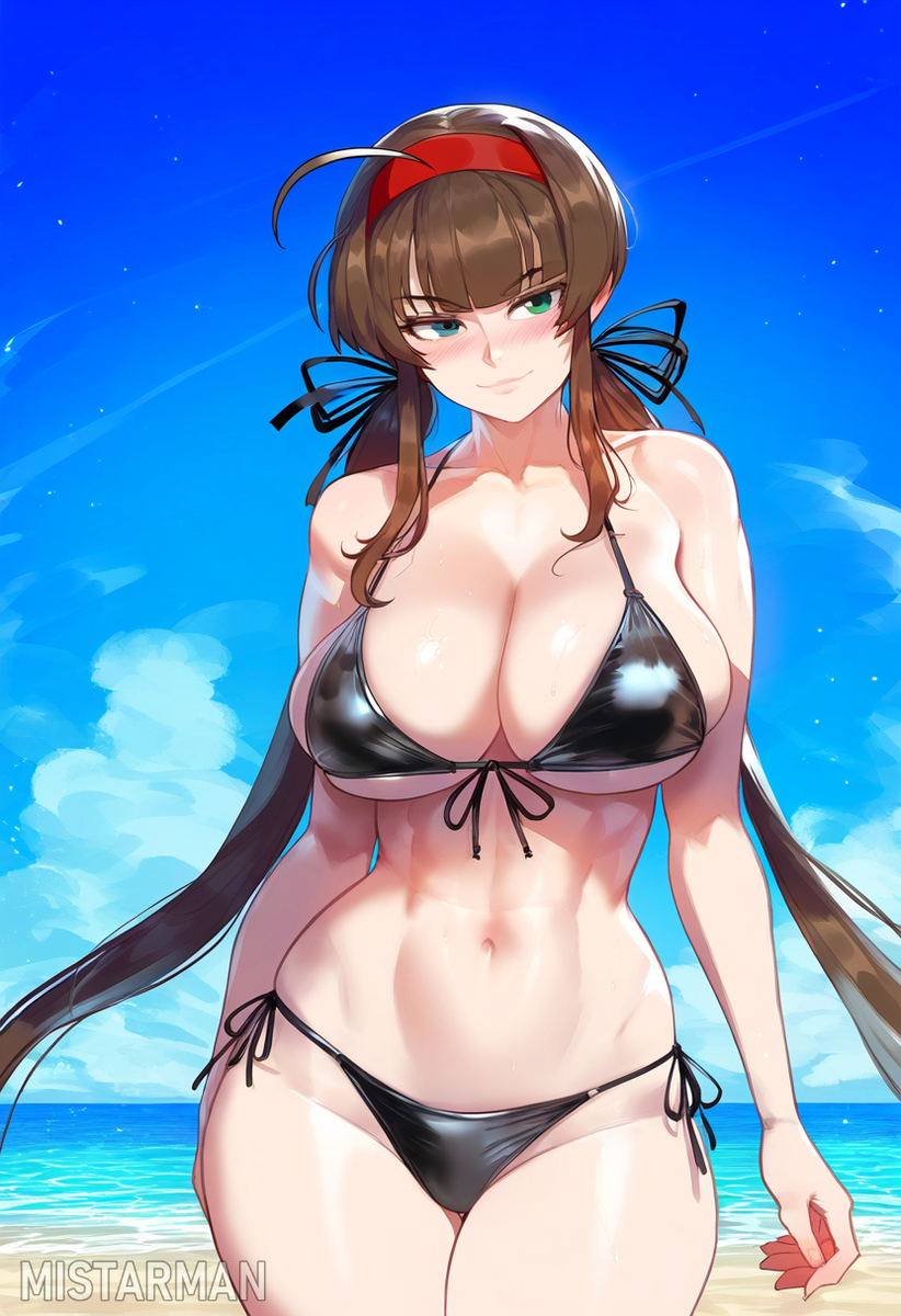 1girls abs ai_generated bare_arms bare_legs bare_shoulders bare_thighs beach big_breasts bikini bikini_bottom bikini_top blush brown_hair clothed clothing color female female_focus female_only fit_female green_eyes hi_res large_breasts light-skinned_female light_skin long_hair mistarman muscles muscular muscular_female ryoubi_(senran_kagura) senran_kagura solo solo_female tagme thick_thighs