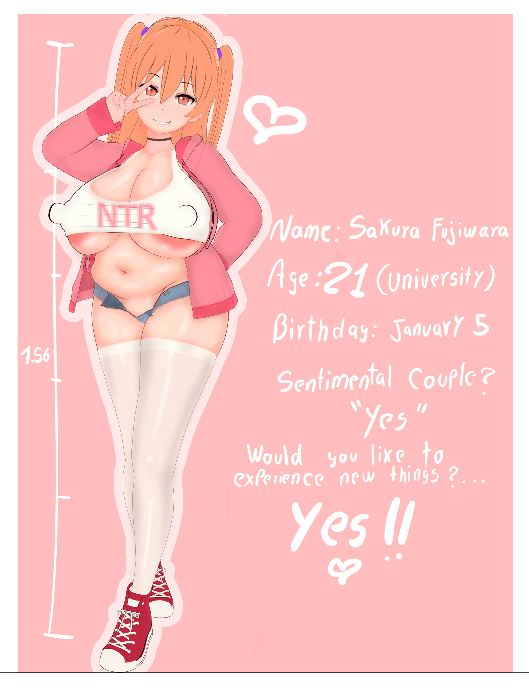 :d, 1girls, 3d, absurd res, absurdres, breasts, character sheet, cleavage, dialogue, english text, erect nipples, erect nipples under clothes, female, footwear, full body, hi res, high resolution, highres, legwear, looking at viewer, nipples, ntr, open clothes, open mouth, open-mouth smile, orange eyes, orange hair, original, peace sign, sakura fujiwara (vyrus smith), shoes, slightly chubby, text, v, vyrus smith, white legwear