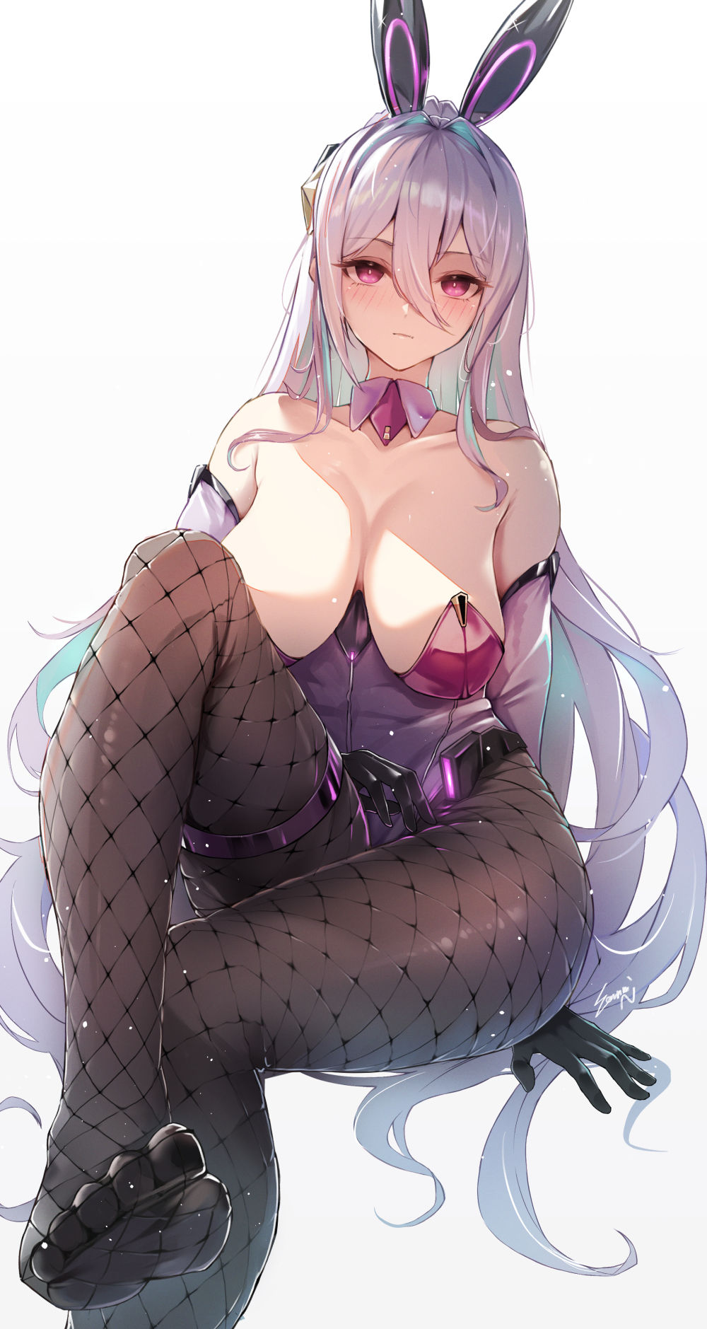 1girls arm_support azur_lane bunny_ears bunny_girl bunnysuit crossed_legs detached_collar detached_sleeves eagle_union_(azur_lane) feet feet_up foreshortening huge_breasts huge_thighs kearsarge_(all-night_charge)_(azur_lane) kearsarge_(azur_lane) light-skinned_female light_skin pantyhose sagging_breasts sea_nami simple_background sitting thick_thighs toes white_background wide_hips