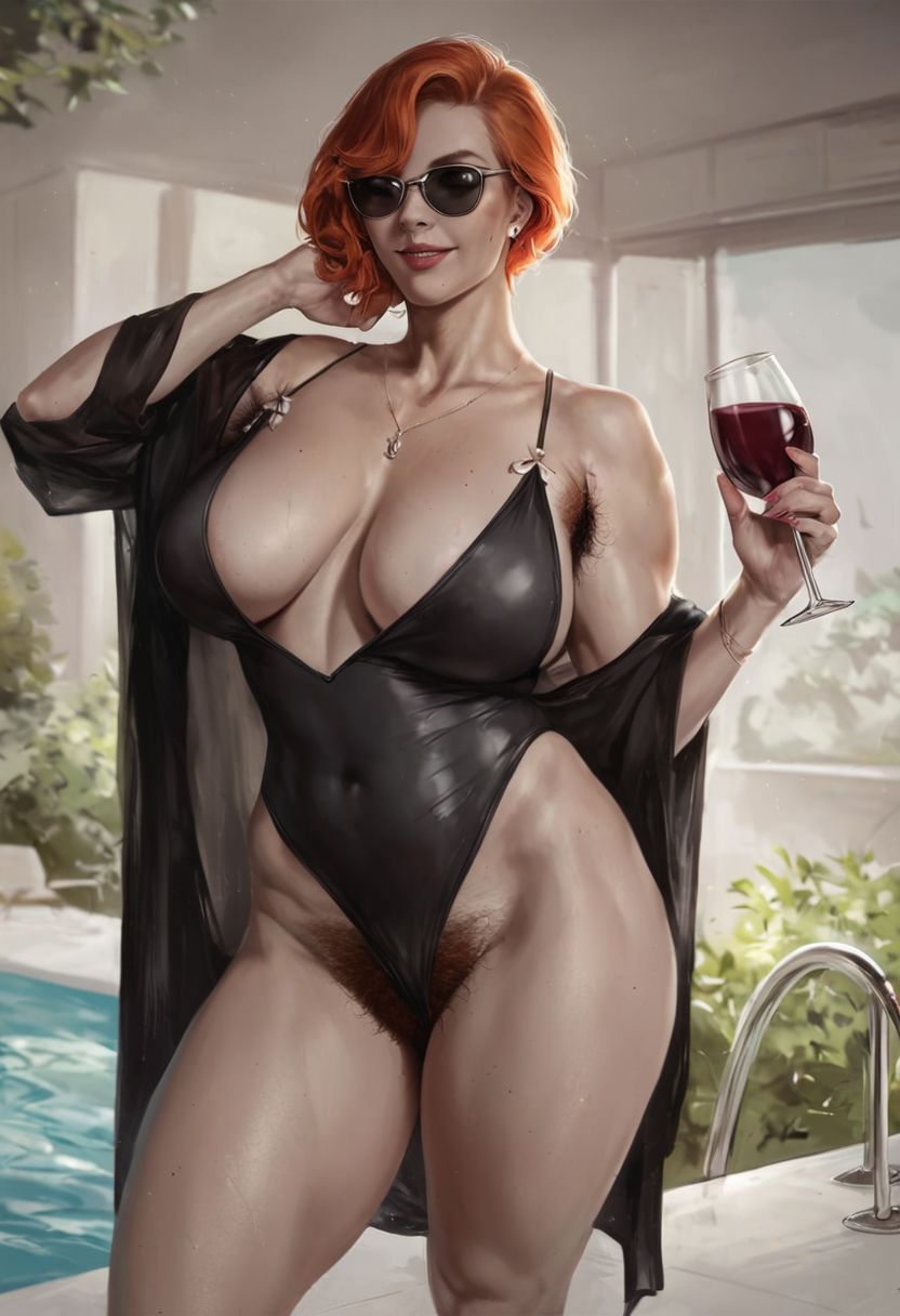 ai_generated armpit_hair aunt briang1748 drinking female_armpit_hair flashing ginger_hair ginger_pubic_hair hairy_armpits large_breasts looking_at_viewer looking_pleasured opening_robe poolside pubic_hair pubic_hair_peek public public_exposure seductive_look short_hair sunglasses thick_thighs