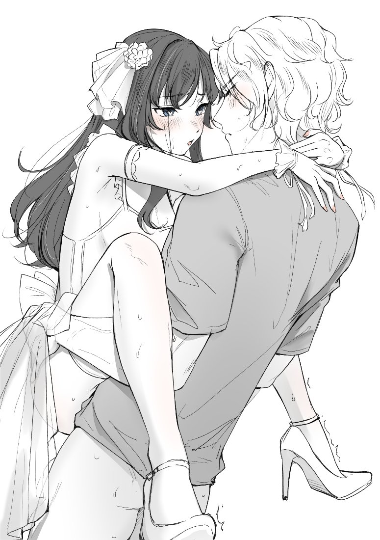 1boy blue_eyes blush bottomless breasts carrot_(robosquat) couple dress eye_contact female flower hair_flower hair_ornament heart heart-shaped_pupils high_heels hug long_hair looking_at_another monochrome original sex shirt small_breasts spot_color standing standing_sex straight sweat symbol-shaped_pupils t-shirt thighhighs trembling upright_straddle