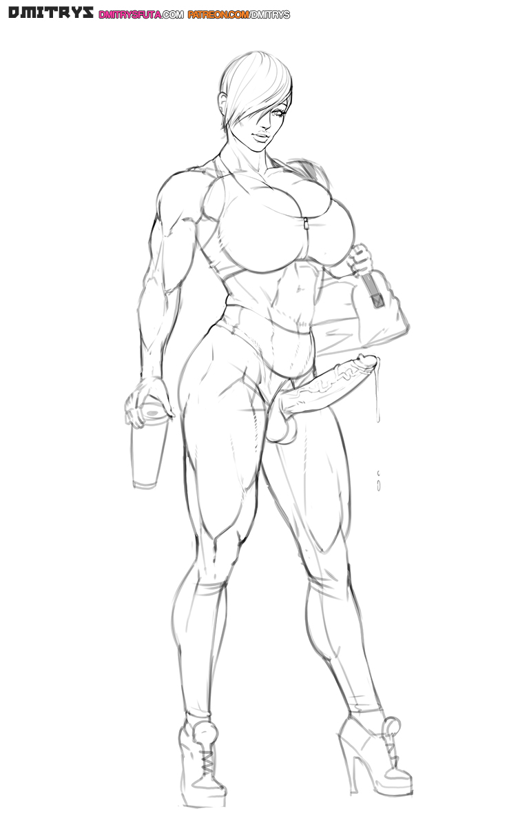 1futa, abs, balls, big breasts, breasts, cleavage, cum, dickgirl, dmitrys, erection, futa only, futanari, intersex, large breasts, meryl (dmitrys), monochrome, muscles, muscular, muscular futa, penis, precum, sketch, solo, solo futa, testicles