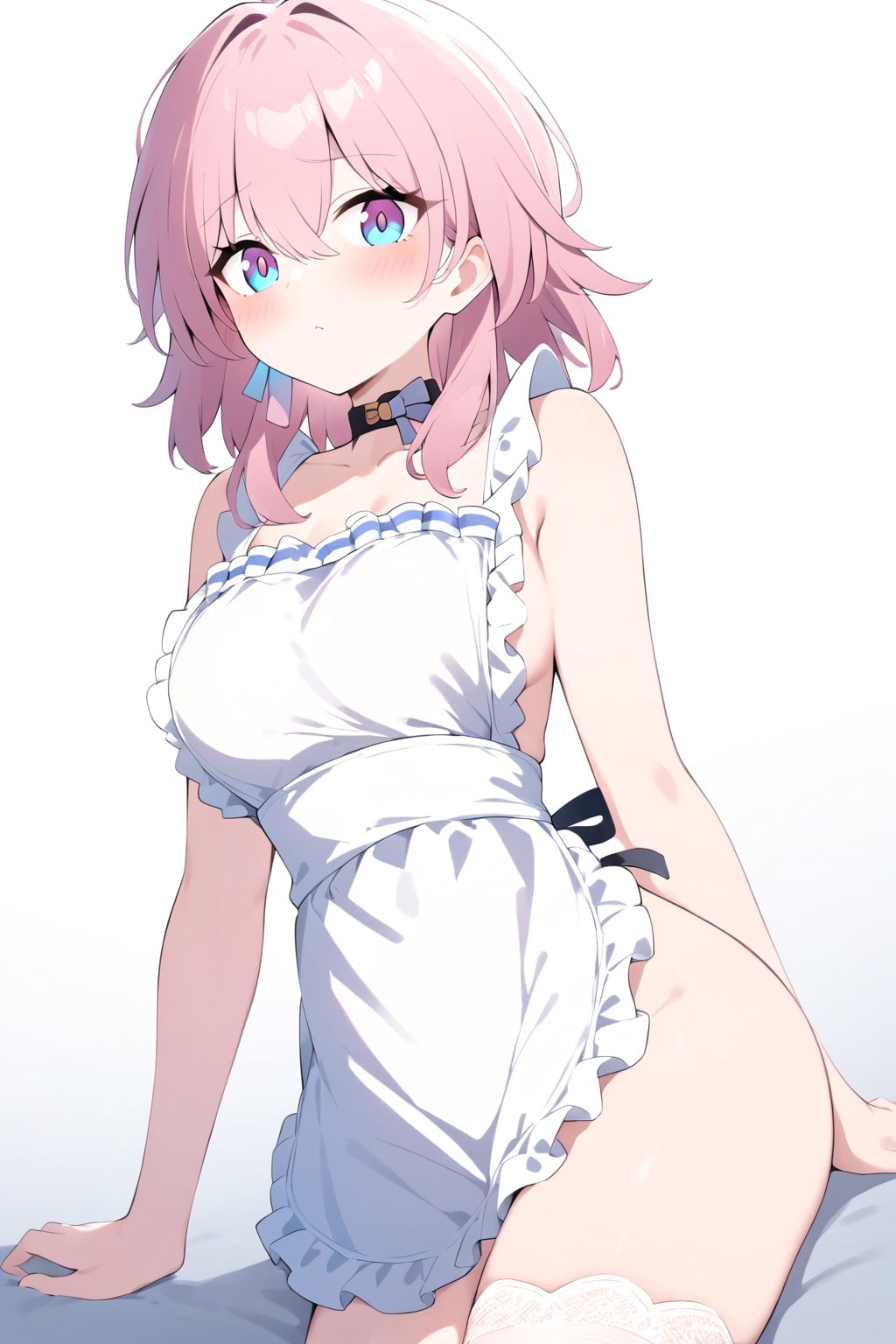 1girls, ai generated, apron, blush, blush lines, blushing at viewer, breasts, commentary request, female, female only, hand behind back, hi res, highres, honkai (series), honkai: star rail, hoyoverse, looking at viewer, maid, march 7th (honkai: star rail), medium breasts, multicolored eyes, pink hair, sfw, short hair, sitting, solo, solo female, stockings, tagme