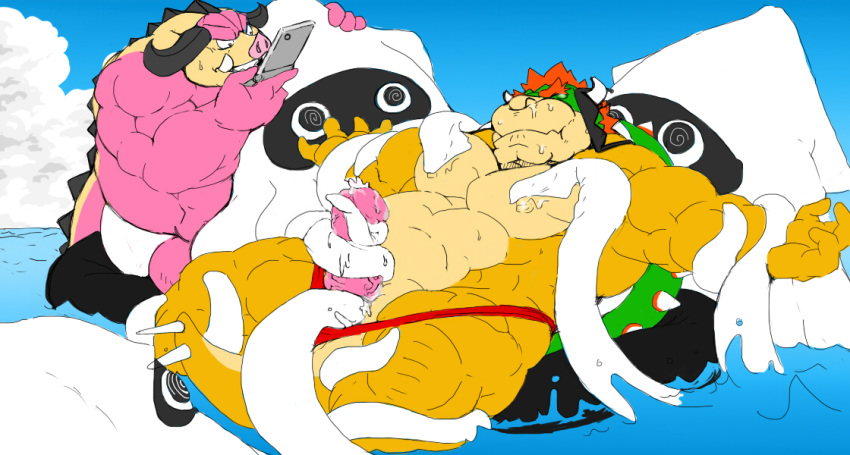 ambiguous_gender anthro anthro_on_feral biceps big_muscles blooper bowser clothed clothing eyewear feral gay male male/ambiguous male_only mario_(series) mario_and_luigi_(series) midbus musclegut muscular nintendo pecs penis precum speedo sunglasses swimsuit tentacle video_games