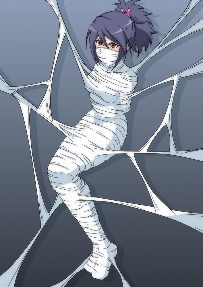 1girls angry bondage brown_eyes cocoon female gag gagged harusame immobile ponytail restrained scrunchie sheena_fujibayashi simple_background solo spider_web tales_of_(series) tales_of_symphonia tied_up violet_hair web web_bondage web_gag webbing wrapped