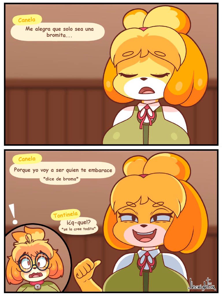 animal_crossing bell_collar big_breasts breasts cleavage collar comic derpybelle english_translation fake_pregnancy female female_focus female_only glasses hair_tied isabelle_(animal_crossing) jhenightfox joke nerdy nerdy_female nintendo notes_translation oanlwd prank ribbon spanish_text thick_thighs thighs wide_hips yellow_fur