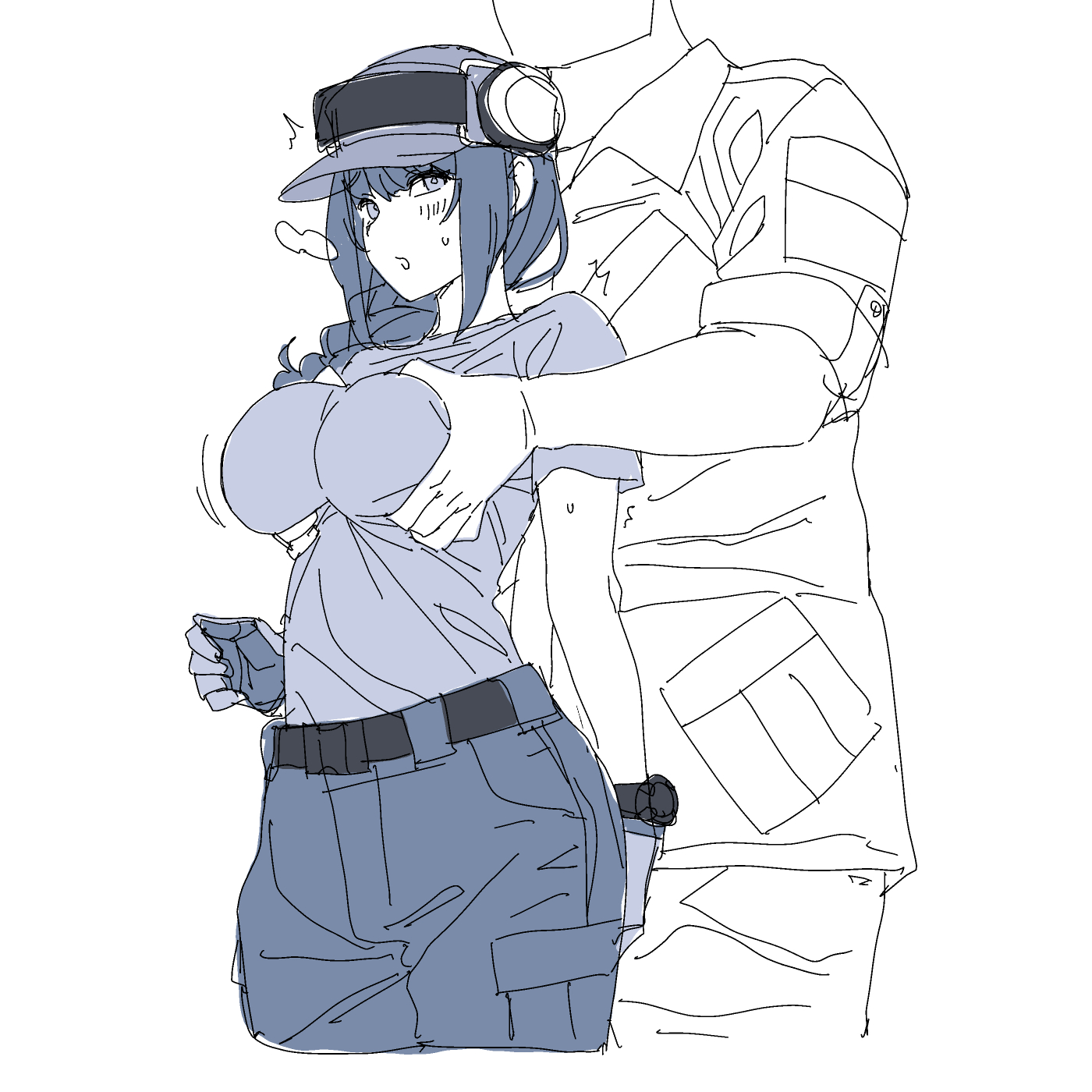1boy, 1girls, braid, braided hair, braided ponytail, breast grab, breasts, female, groping, groping breasts, groping from behind, headgear, male, onsen tamago (hs egg), original, original character, taller male