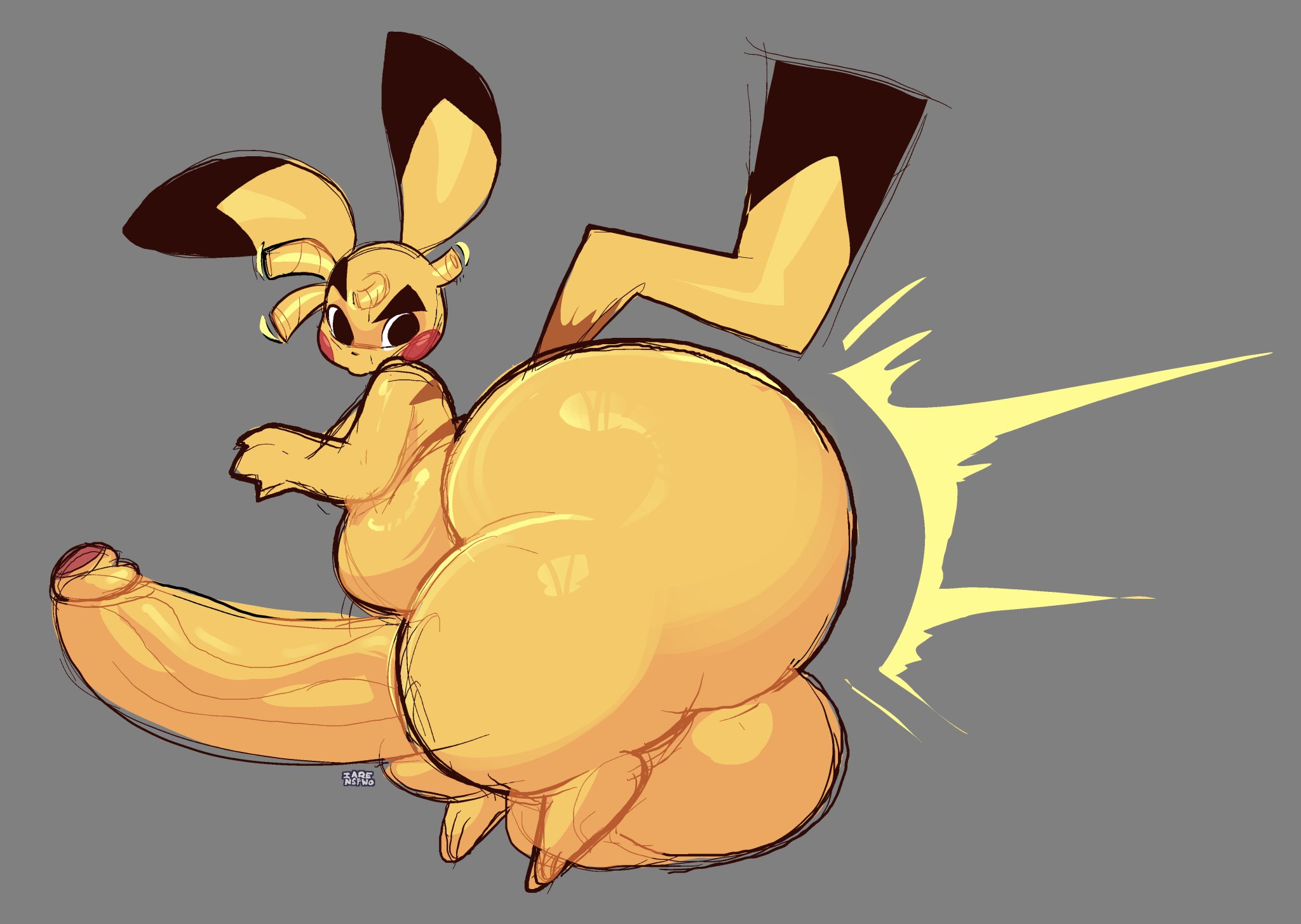 1boy, ass, balls, big ass, boy, cock, fat ass, femboy, feral, hair, huge ass, huge balls, huge cock, hyper ass, hyper balls, hyper penis, iaredumbo, iarensfwo, looking back, male, male only, penis, pikachu, pokemon, red cheeks, shortstack, shortstack femboy, tail, tail markings, teapot (body type), yellow body, yellow fur, yellow skin