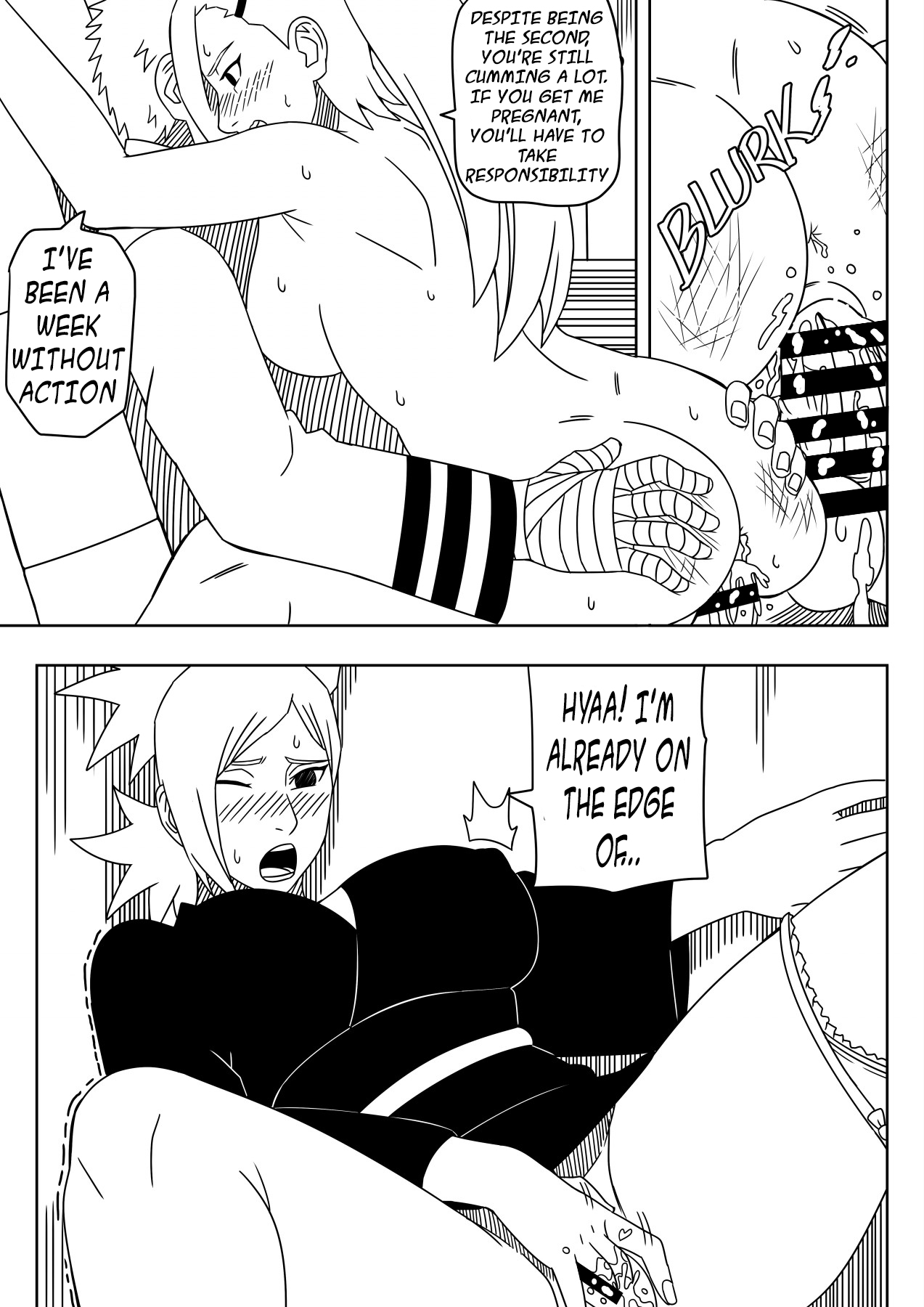 1boy, 2girls, against wall, ass, ass grab, bandaged arm, bandages, big breasts, boruto: naruto next generations, breasts, cheating, cheating husband, cheating wife, clothed male nude female, clothed sex, cowgirl position, cum, cum in pussy, cum inside, dialogue, duo, duo focus, english text, english translation, female, female penetrated, fingering, fingering pussy, fingering self, horny, horny female, huge breasts, human, ino yamanaka, kimono, male, male penetrating, male penetrating female, male/female, masturbation, moan, moaning, monochrome, multiple females, multiple girls, naruto, naruto (series), ninrubio, no panties, notes translation, panties, panties around leg, ponytail, pussy, quad tails, sitting, solo focus, speech bubble, spread legs, story, sweat, sweatdrop, talking, talking to another, talking to partner, talking to self, temari, text, tied hair, translated, trembling, uzumaki naruto, vagina, vaginal masturbation, vaginal penetration, vaginal sex, voyeur, voyeurism, wet, wet pussy