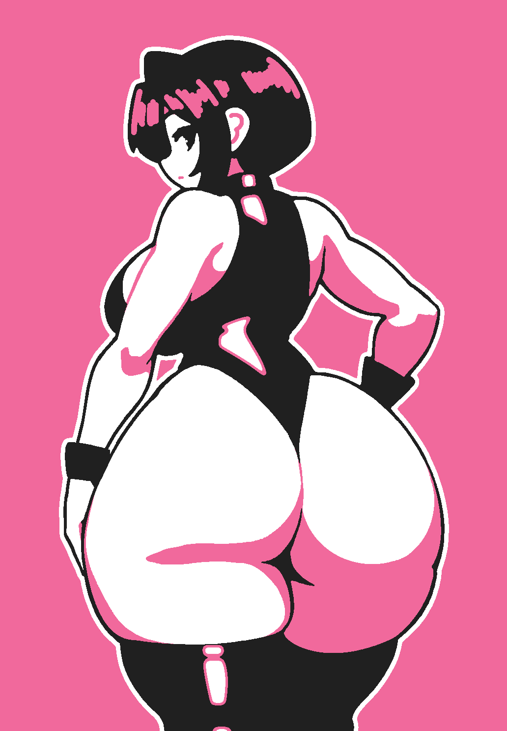 adnyc ass_focus black_eyes black_hair expressionless flat_colors from_behind gigantic_ass gigantic_thighs hair_intakes huge_thighs looking_back original original_character short_hair thick_ass thick_hips thick_thighs wide_hips