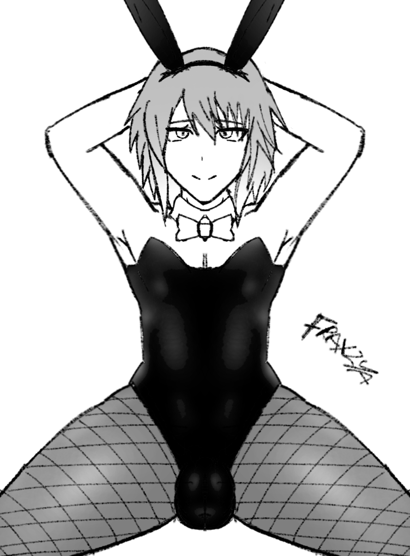 1boy armpits arms_behind_head arms_up bowtie bulge bunny_ears bunnysuit commission femboy fishnets fraxzya hijiri_myouren looking_at_viewer monochrome short_hair sissy sketch smile smiling_at_viewer solo solo_male spread_legs touhou twink two_tone_hair whore