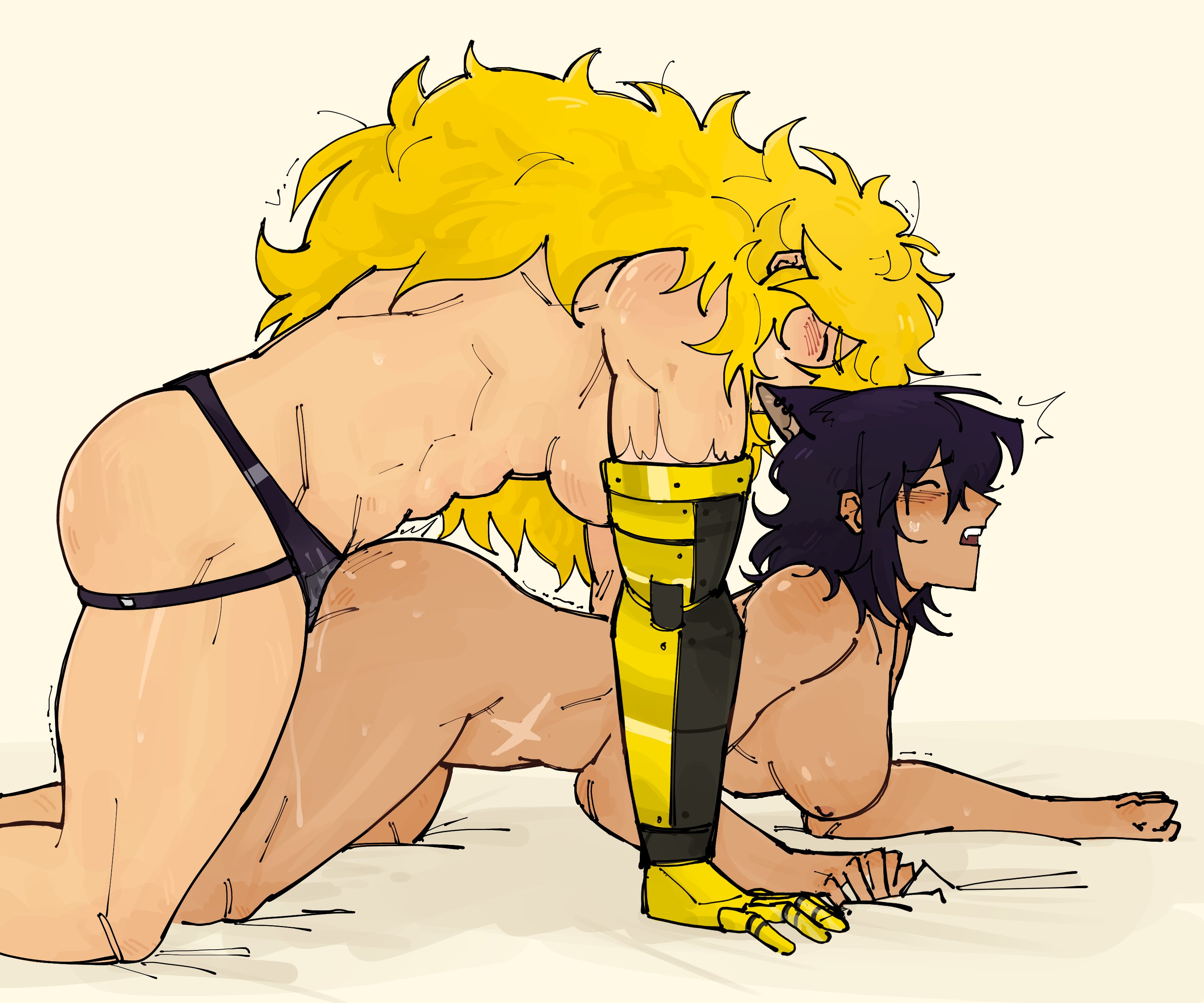 2girls, black hair, blake belladonna, blonde hair, blush, breasts, canon couple, cat ears, cat girl, catgirl, dark skin, dark-skinned female, doggy style, female, female only, kiyomi des, light skin, light-skinned female, long hair, muscular, muscular female, pleasure face, prosthetic, prosthetic arm, rooster teeth, rwby, scar, short hair, strap-on, strapon, viz media, yang xiao long, yuri