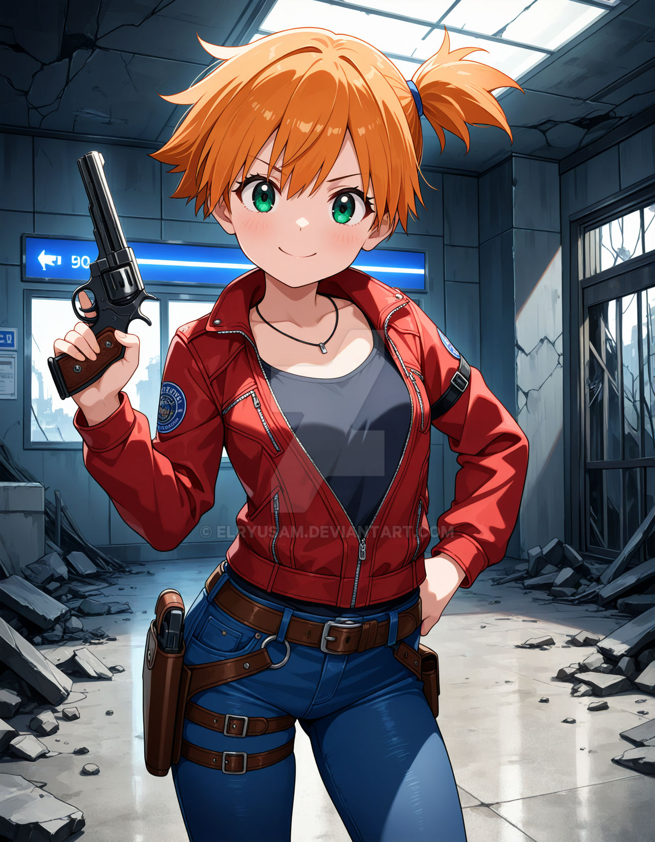 2025 4kids_entertainment ai_generated anime black_collar blue_hairband capcom claire_redfield claire_redfield_(cosplay) cosplay cosplayer deviantart elryusam evil_grin evil_smile green_eyes grinning_at_viewer hand_on_hip holding_gun kasumi_(pokemon) looking_at_viewer meta mouth_closed nintendo not_porn orange_eyebrows orange_hair_female pink_cheeks pokemon resident_evil smile_at_viewer smiling_at_viewer umbrella_corporation