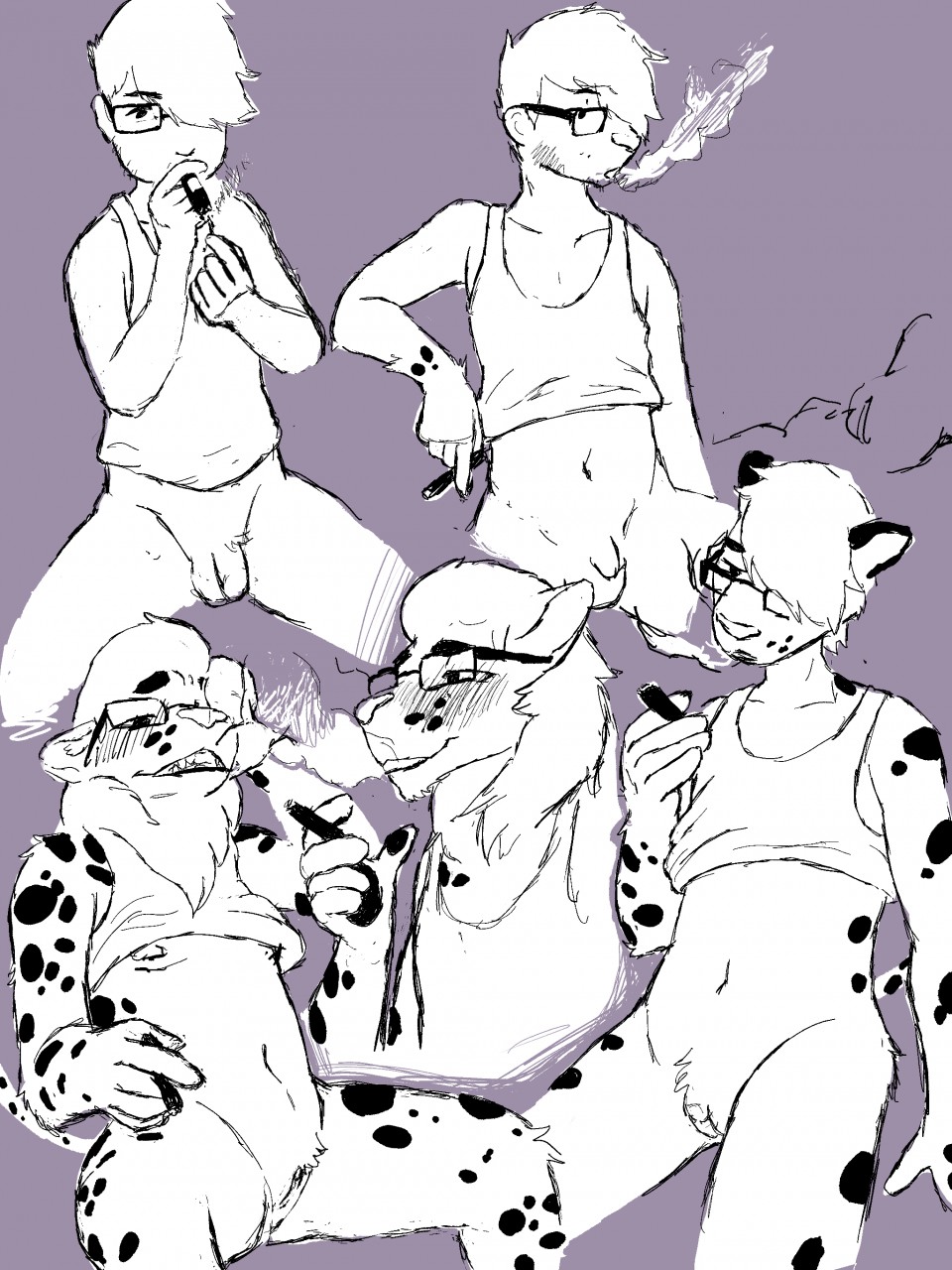 2018 anthro averydirtybun balls cigar clothing eyewear feline female gender_transformation glasses hair human limni lion male mammal penis pussy sequence simple_background smoke smoking solo transformation