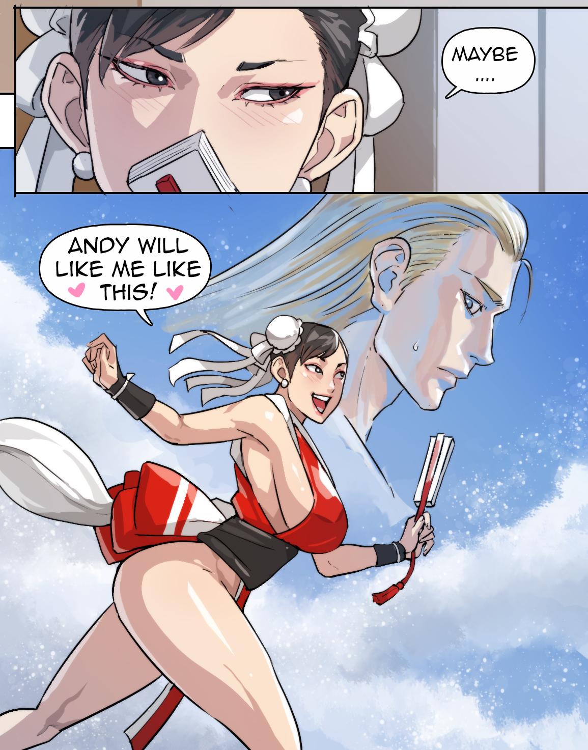 1boy, andy bogard, ass, blonde hair, blue eyes, blush, breasts, brown eyes, brown hair, bun cover, china dress, chinese clothes, chun-li, cirenk, clothing, cosplay, double bun, earrings, english language, english text, fatal fury, female, folded fan, folding fan, hair bun, hand fan, heart, holding, holding fan, jewelry, large breasts, mai shiranui, mai shiranui (cosplay), male, no bra, pelvic curtain, revealing clothes, sash, sideboob, smile, snk, straight, street fighter, text, thick thighs, thighs